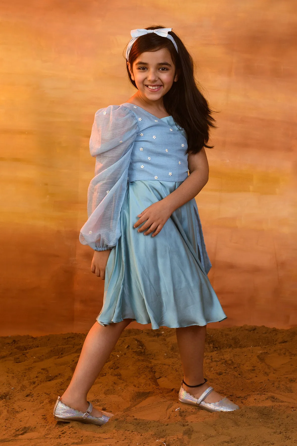 Blue Yonder-German Satin Dress With Kota Doriya Shrug For Girls