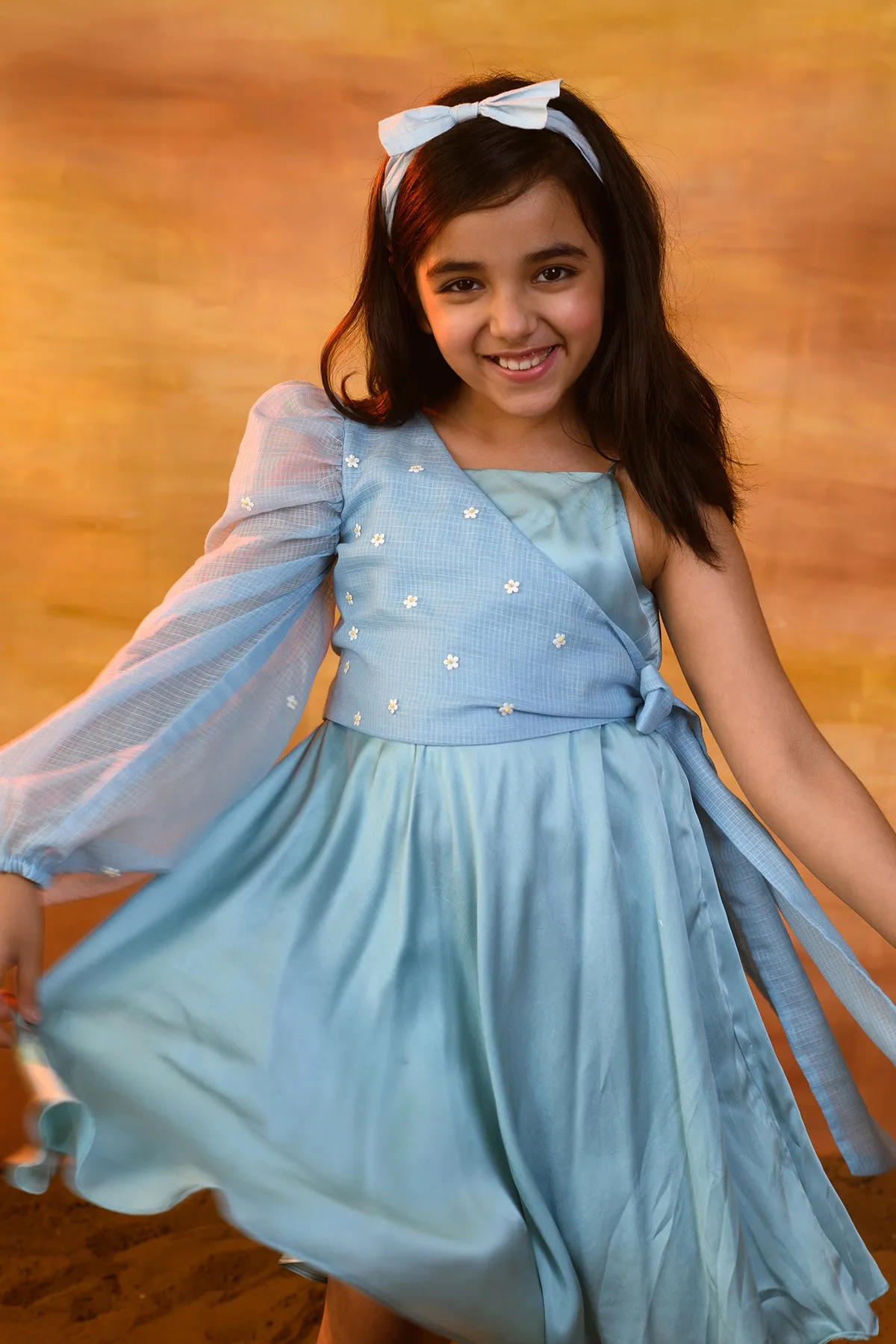 Blue Yonder-German Satin Dress With Kota Doriya Shrug For Girls