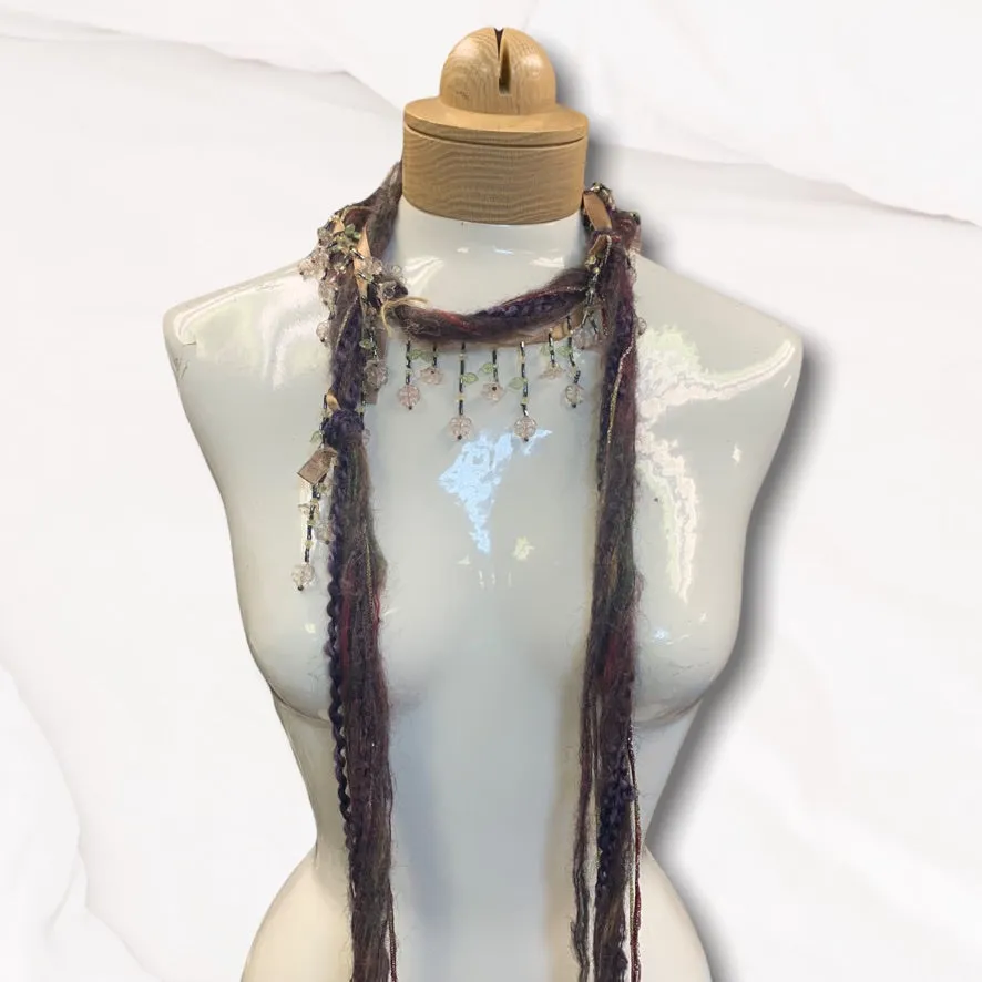 Boho Beaded Lightweight Mohair Scarf Necklace - Eggplant and Gold w/Pale Purple Floral Beads