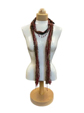 Boho Beaded Lightweight Mohair Scarf Necklace - Red and Olive