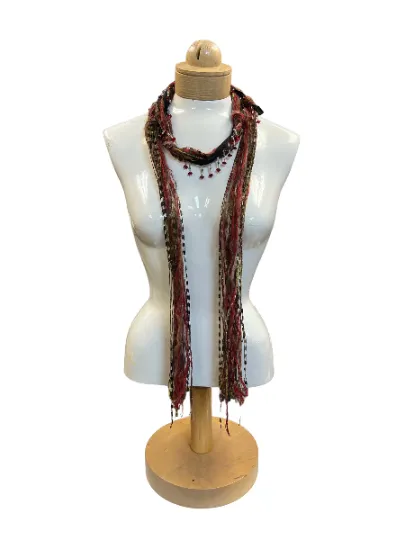 Boho Beaded Lightweight Mohair Scarf Necklace - Red and Olive