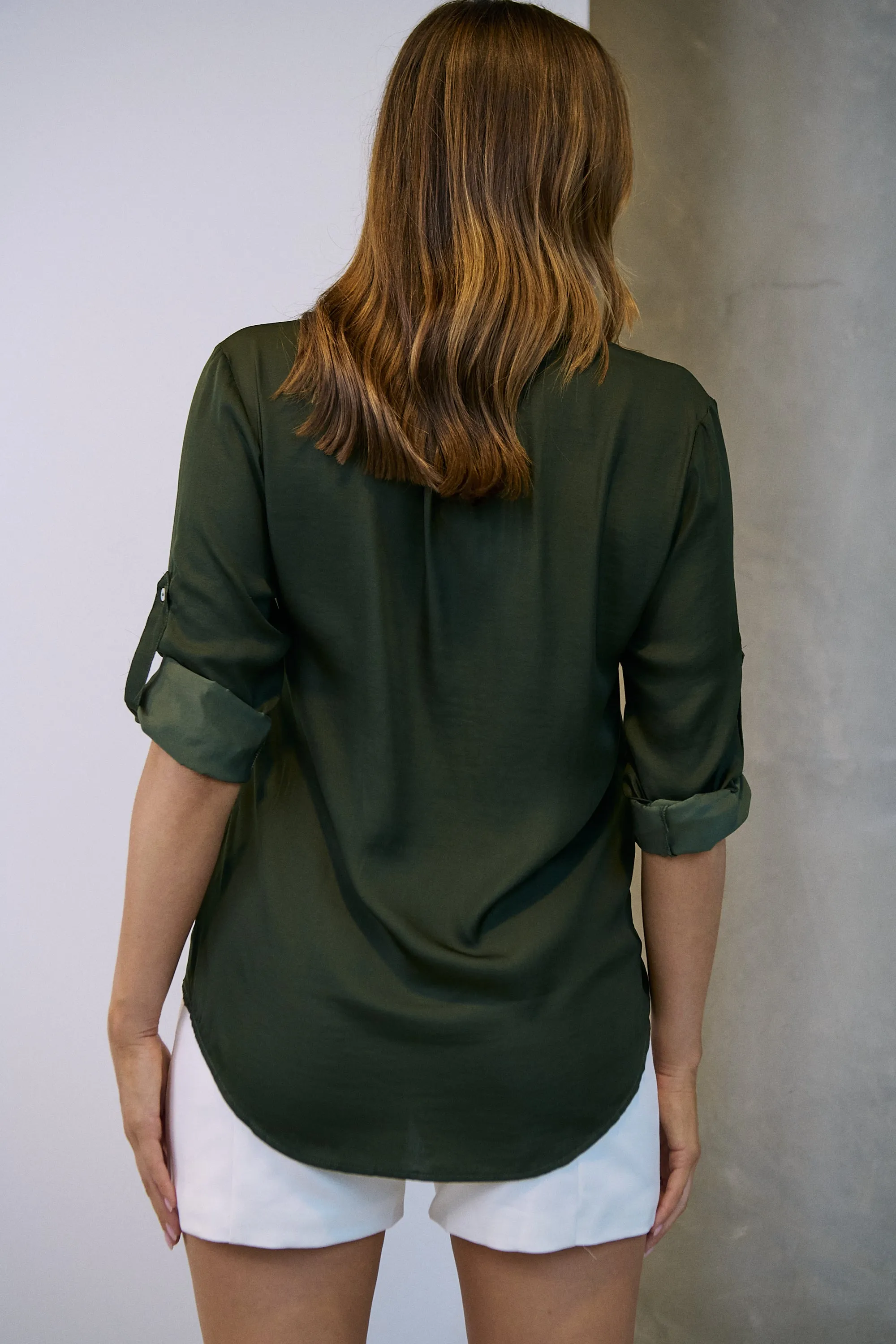 Brialla khaki Satin Roll sleeve shirt