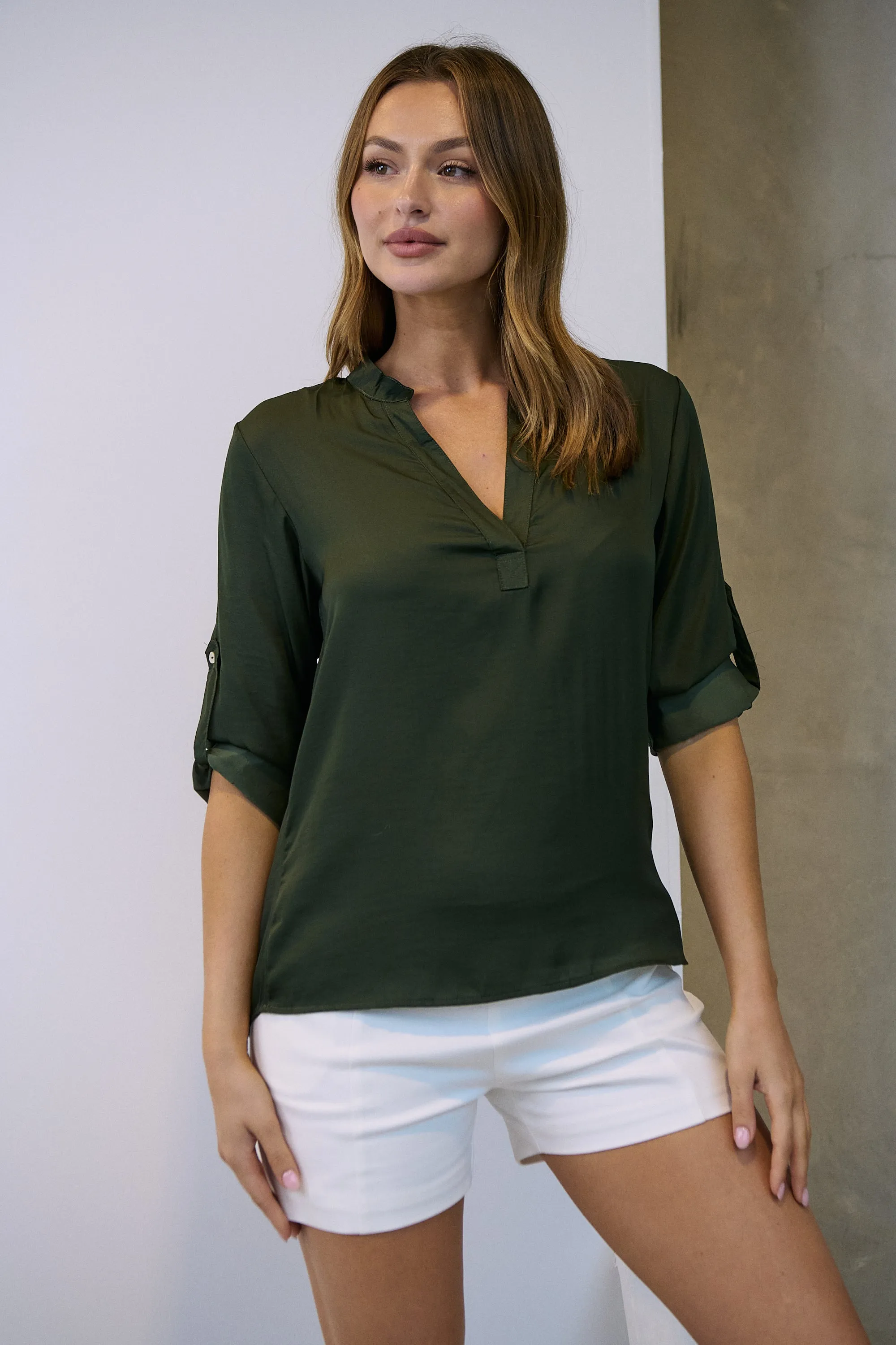 Brialla khaki Satin Roll sleeve shirt