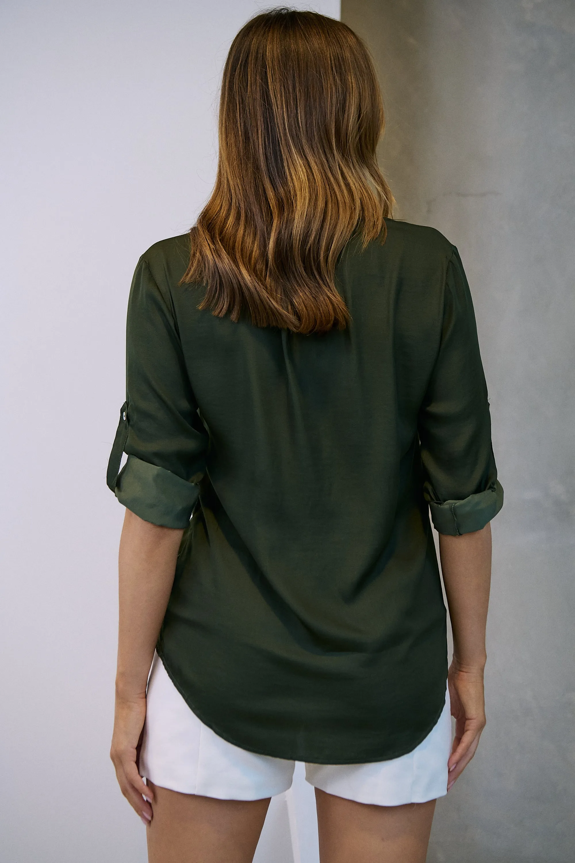 Brialla khaki Satin Roll sleeve shirt