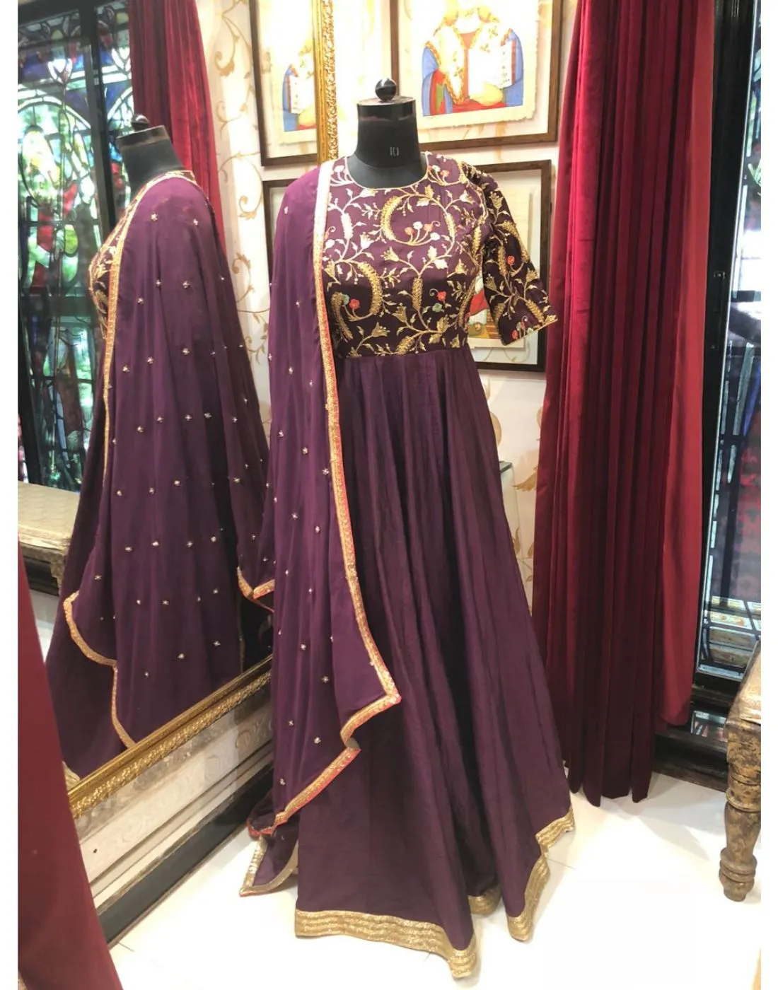 Burgundy Embroidered Anarkali -  Rent