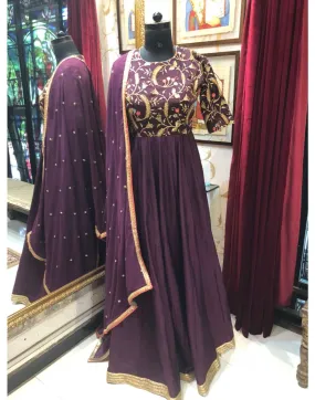 Burgundy Embroidered Anarkali -  Rent