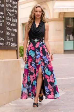 Butterfly Chiffon Print Maxi Skirt Black Multi