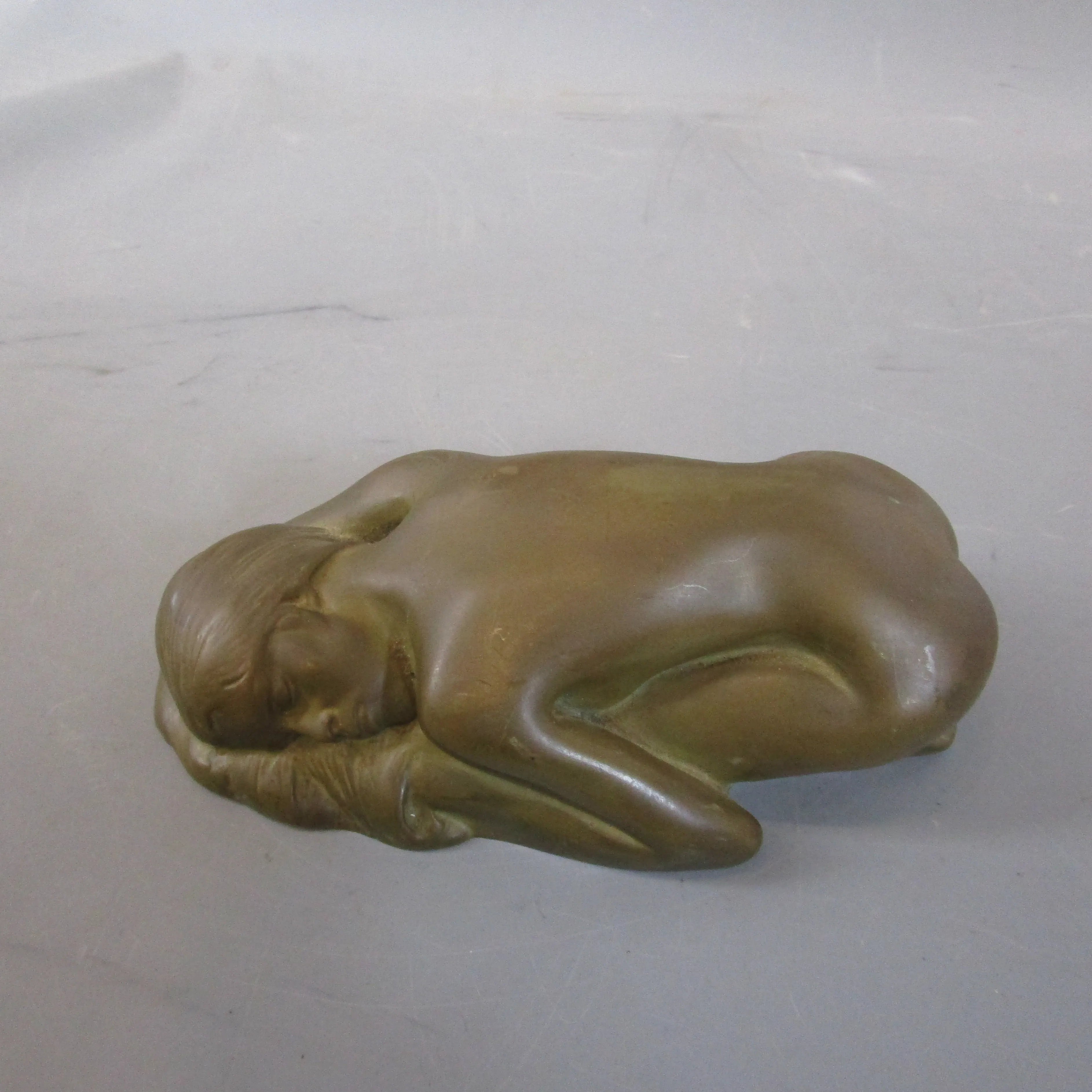 Carved Slate Sleeping Nude Lady Figurine With Bronzed Effect Vintage Art Deco c1930