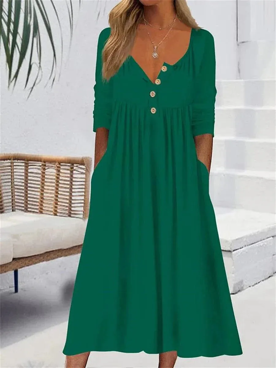 Casual T Shirt Midi Dress for Women with V Neck and Ruched Pocket