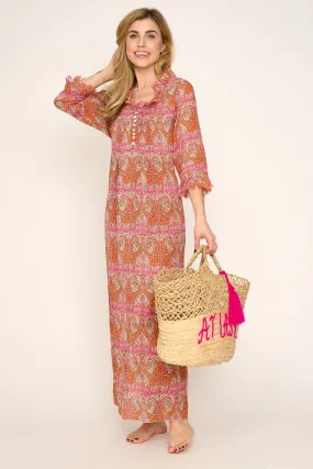 Cotton Annabel Maxi Dress in Pink & Ochre Paisley