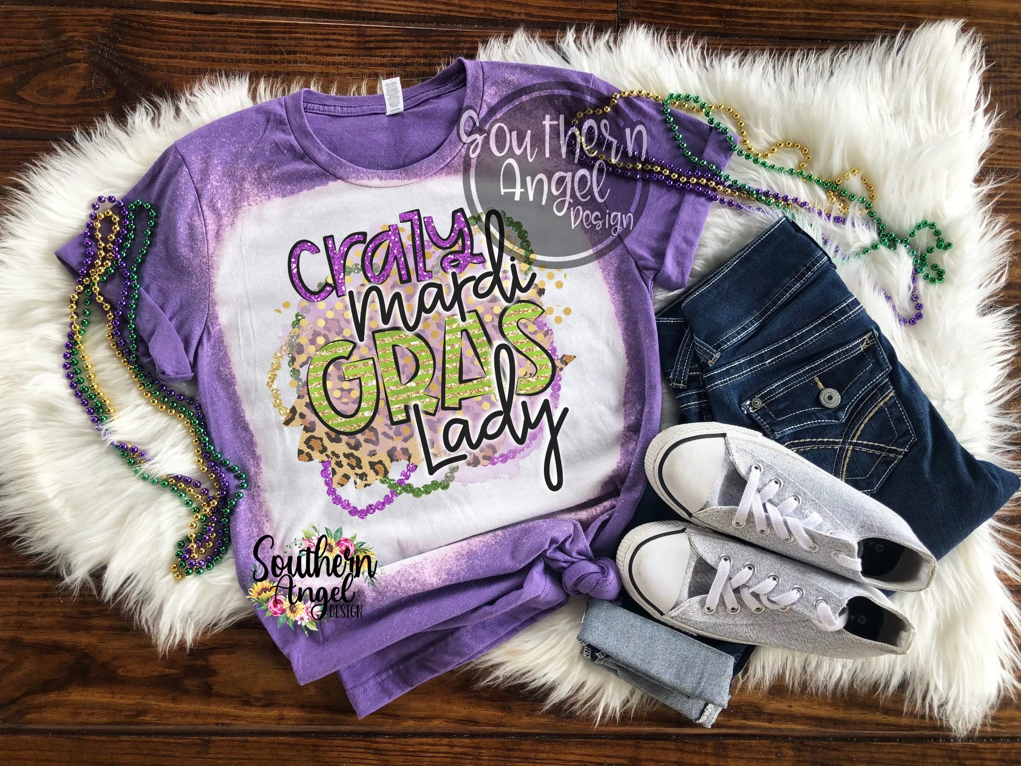 Crazy Mardi Gras Lady bleached t-shirt