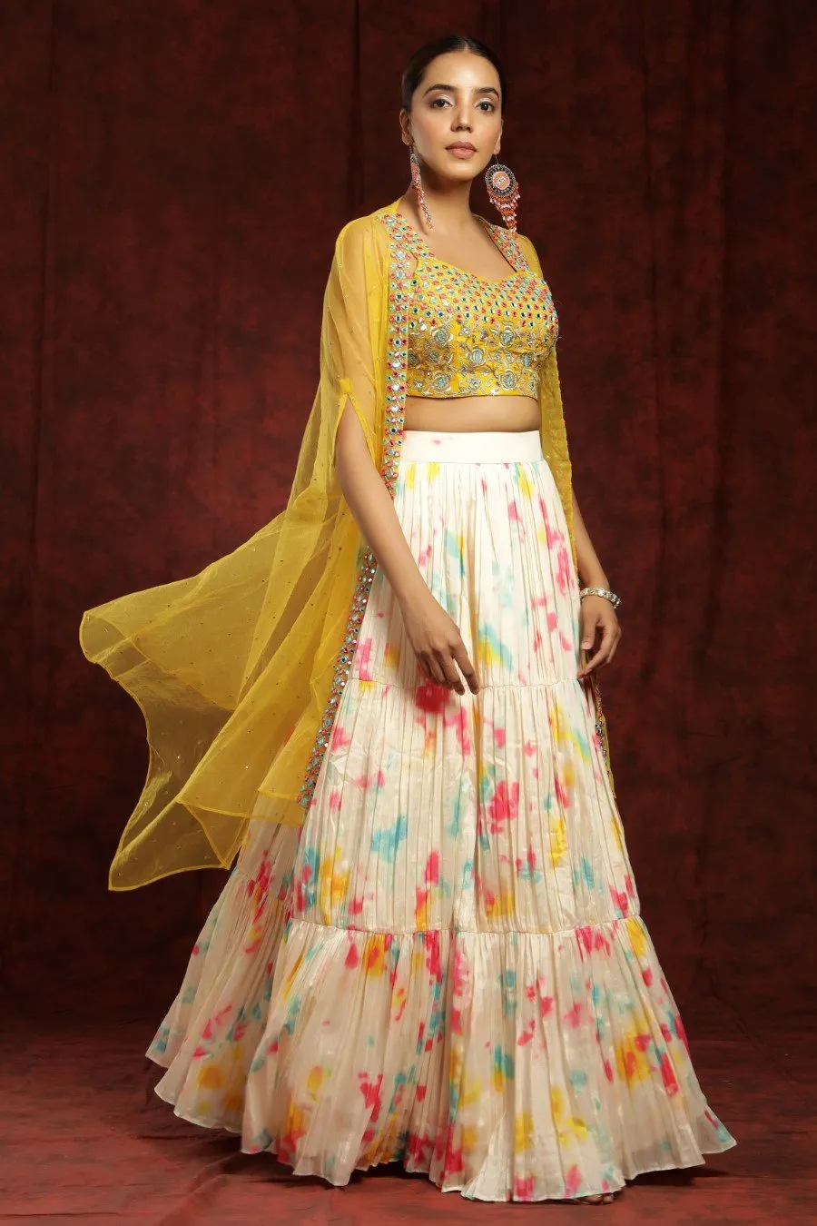 Crepe Silk Cream And Mustard Colour Tye-dye Lehenga Blouse Dupatta Set With Embroidery