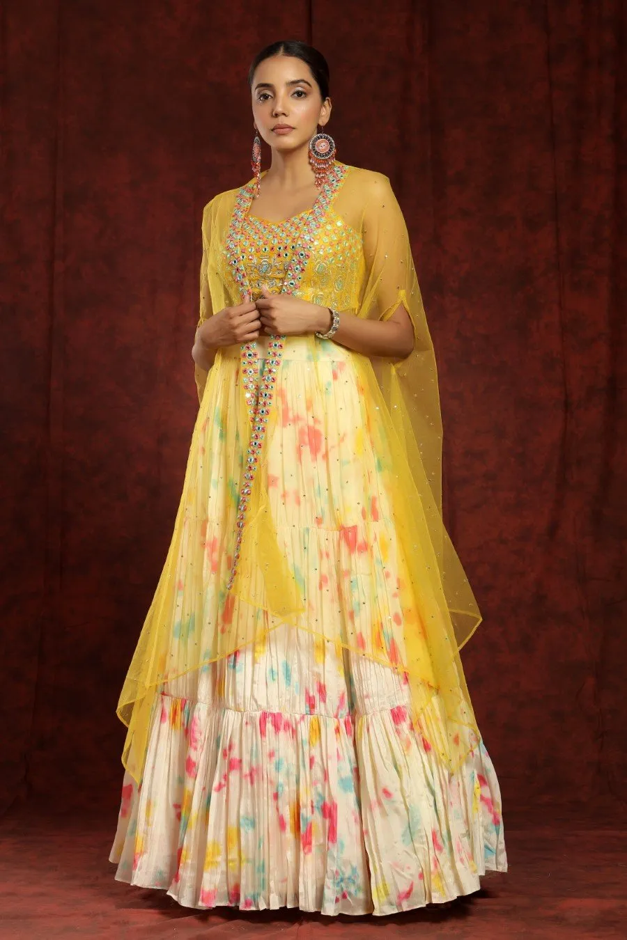 Crepe Silk Cream And Mustard Colour Tye-dye Lehenga Blouse Dupatta Set With Embroidery