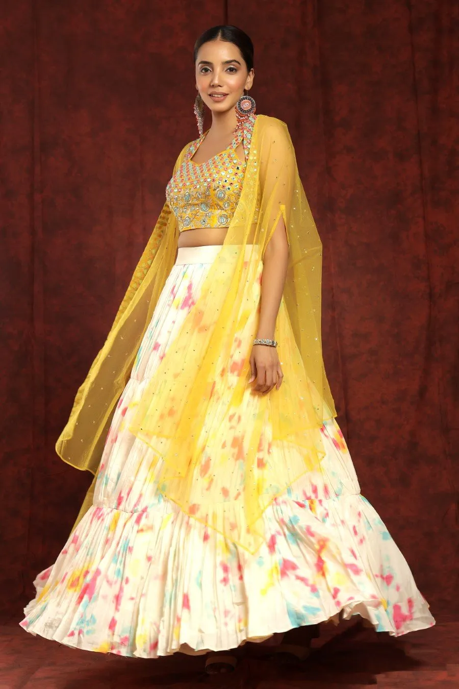 Crepe Silk Cream And Mustard Colour Tye-dye Lehenga Blouse Dupatta Set With Embroidery