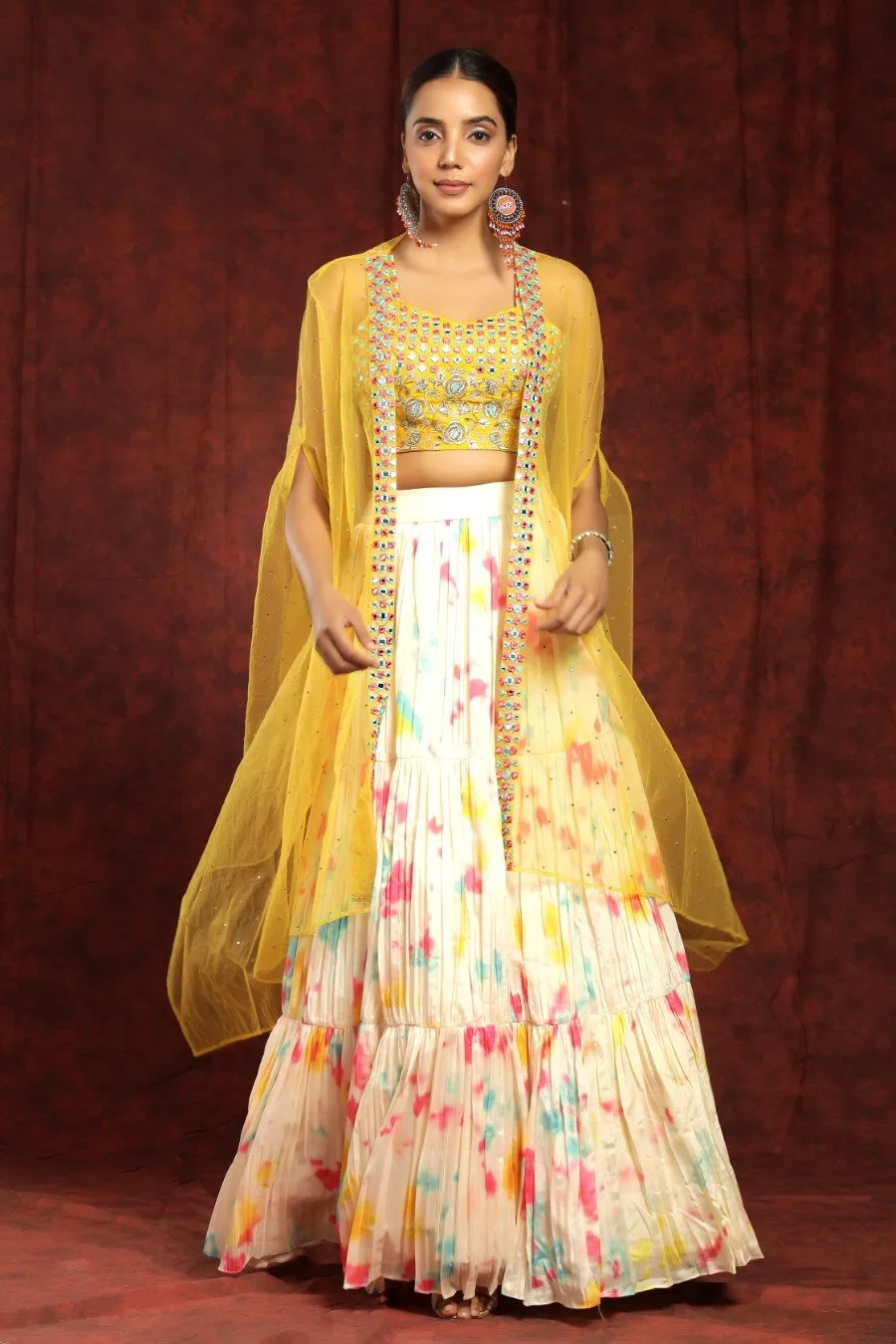 Crepe Silk Cream And Mustard Colour Tye-dye Lehenga Blouse Dupatta Set With Embroidery