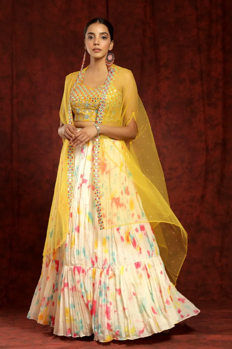 Crepe Silk Cream And Mustard Colour Tye-dye Lehenga Blouse Dupatta Set With Embroidery