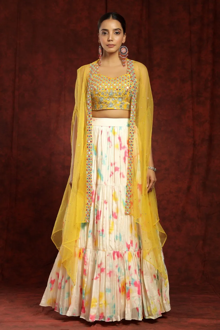 Crepe Silk Cream And Mustard Colour Tye-dye Lehenga Blouse Dupatta Set With Embroidery