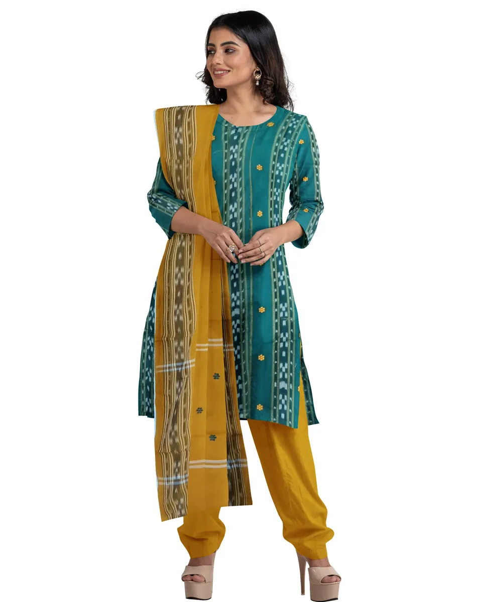 Cyan green mustard handwoven cotton nuapatna dress material