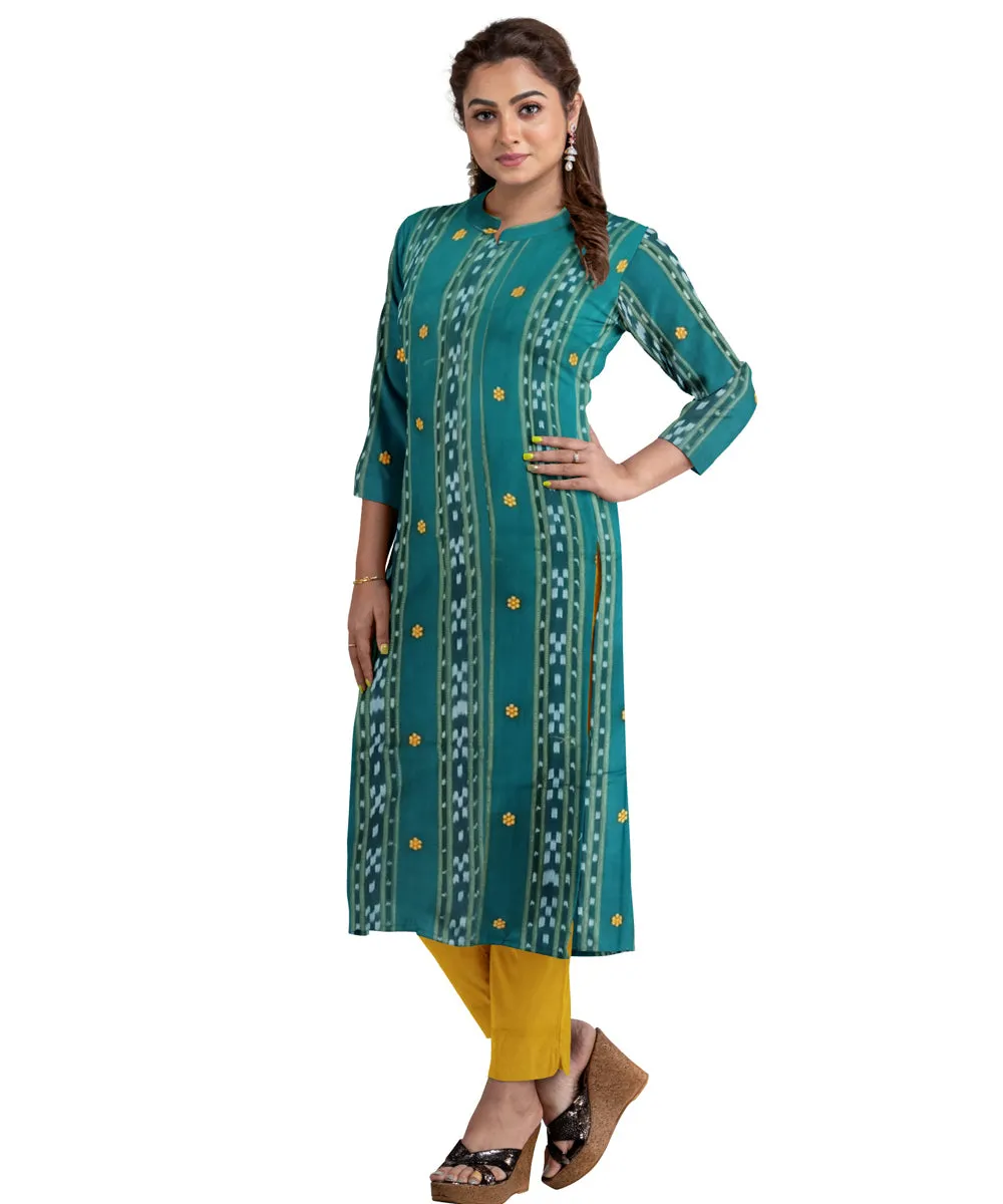 Cyan green mustard handwoven cotton nuapatna dress material