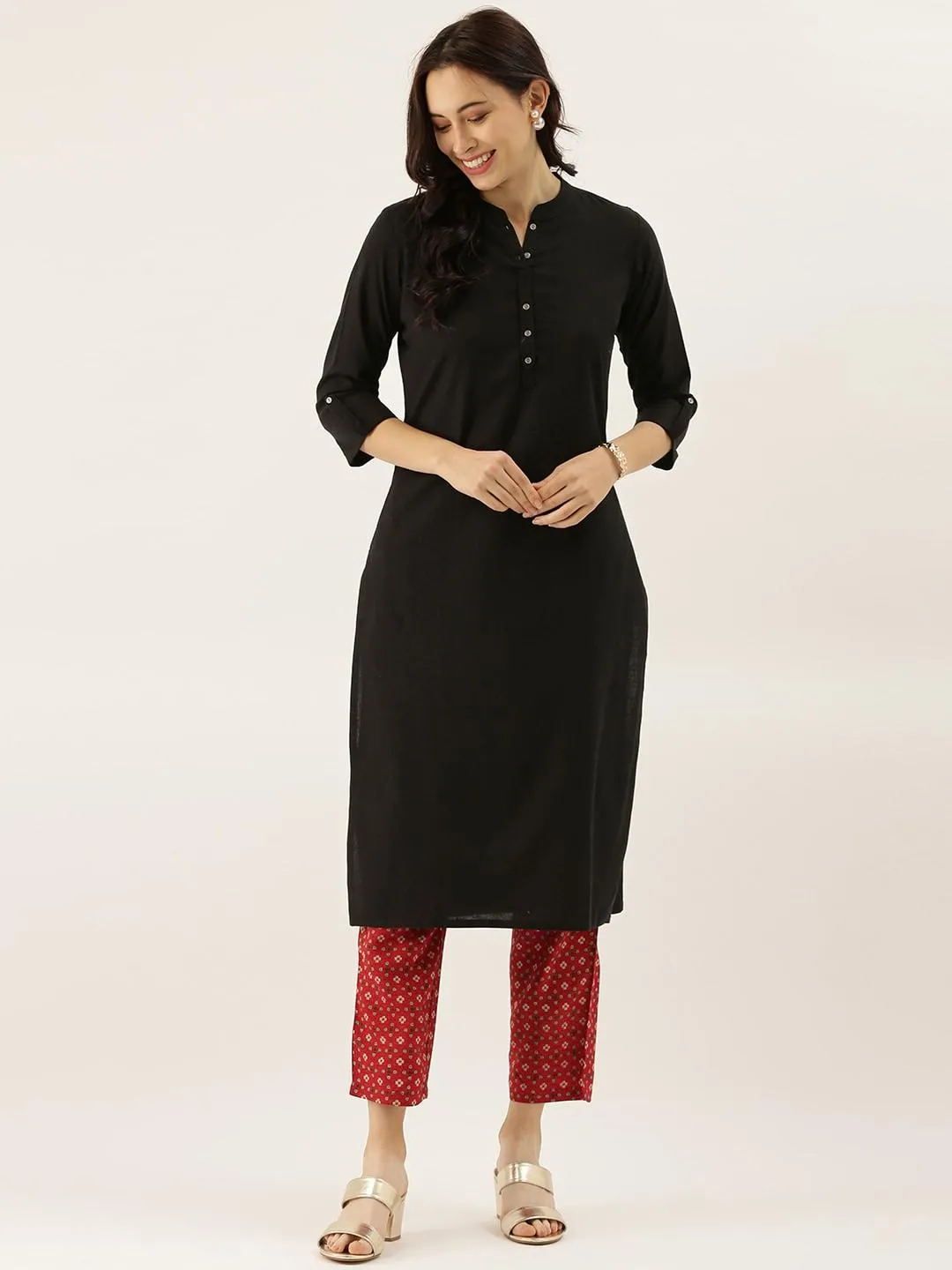 Divena Black Solid Straight Roll up Kurti