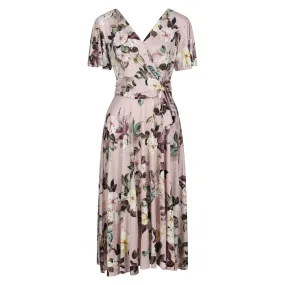 Dusky Pink Floral Print Cap Sleeve V Neck Wrap Top Swing Dress