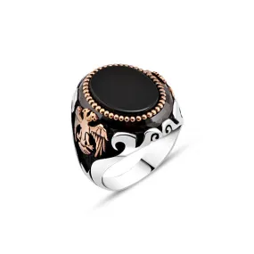 Ellipse Black Onyx Stone Silver Men's Ring with Seljuk Eagle on Sides