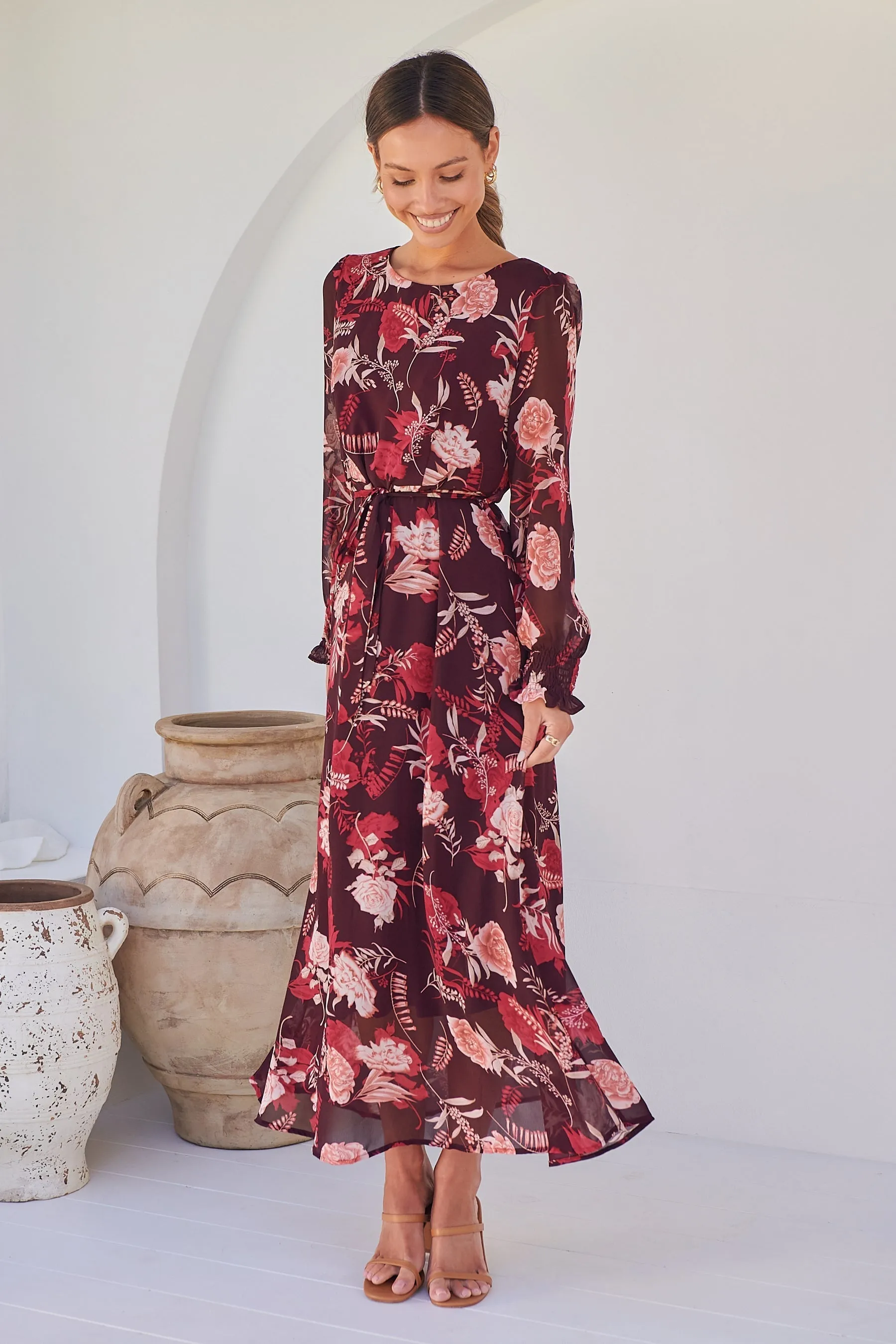 Evora Burgundy Floral Chiffon Evening Dress