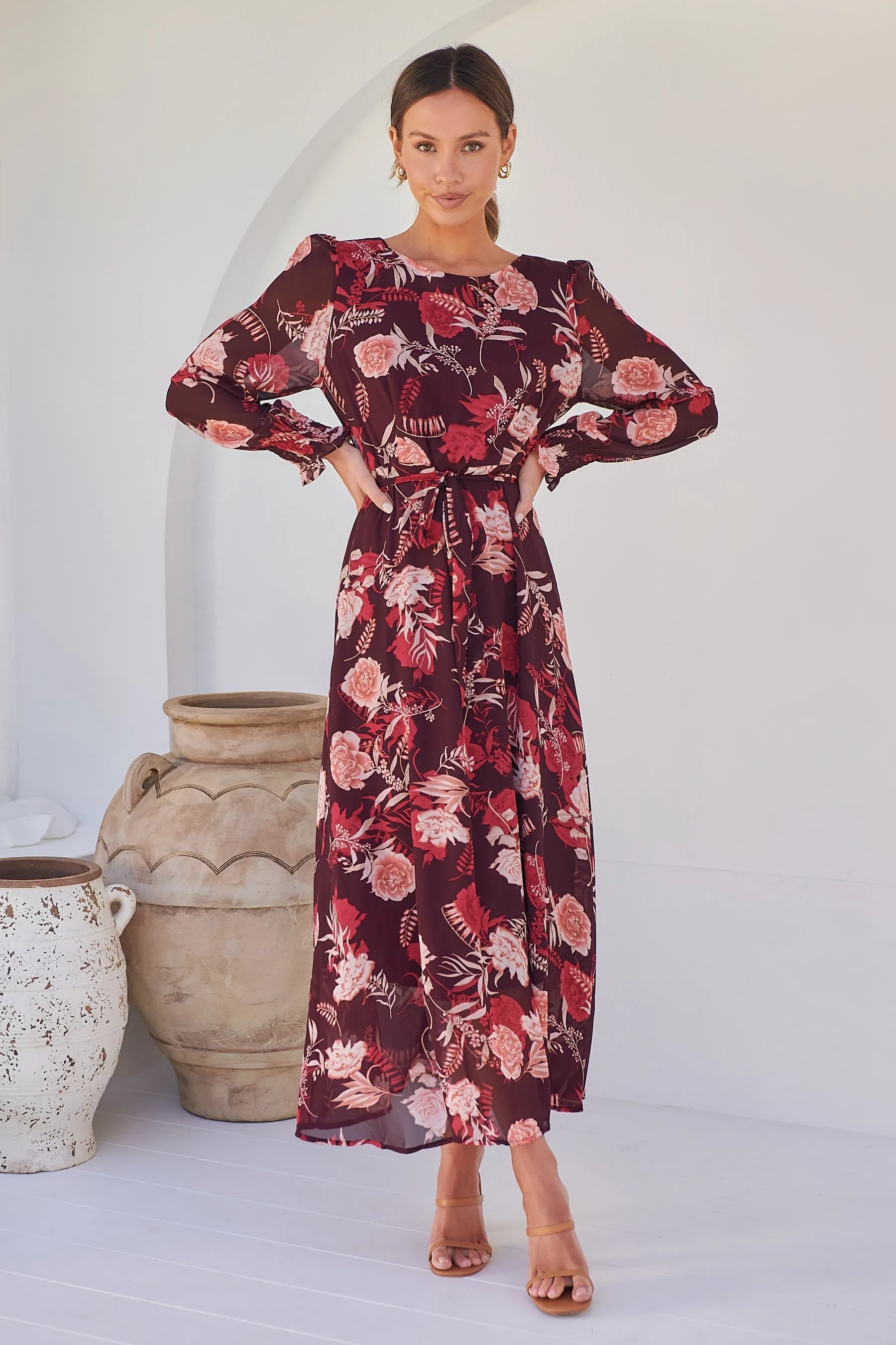 Evora Burgundy Floral Chiffon Evening Dress