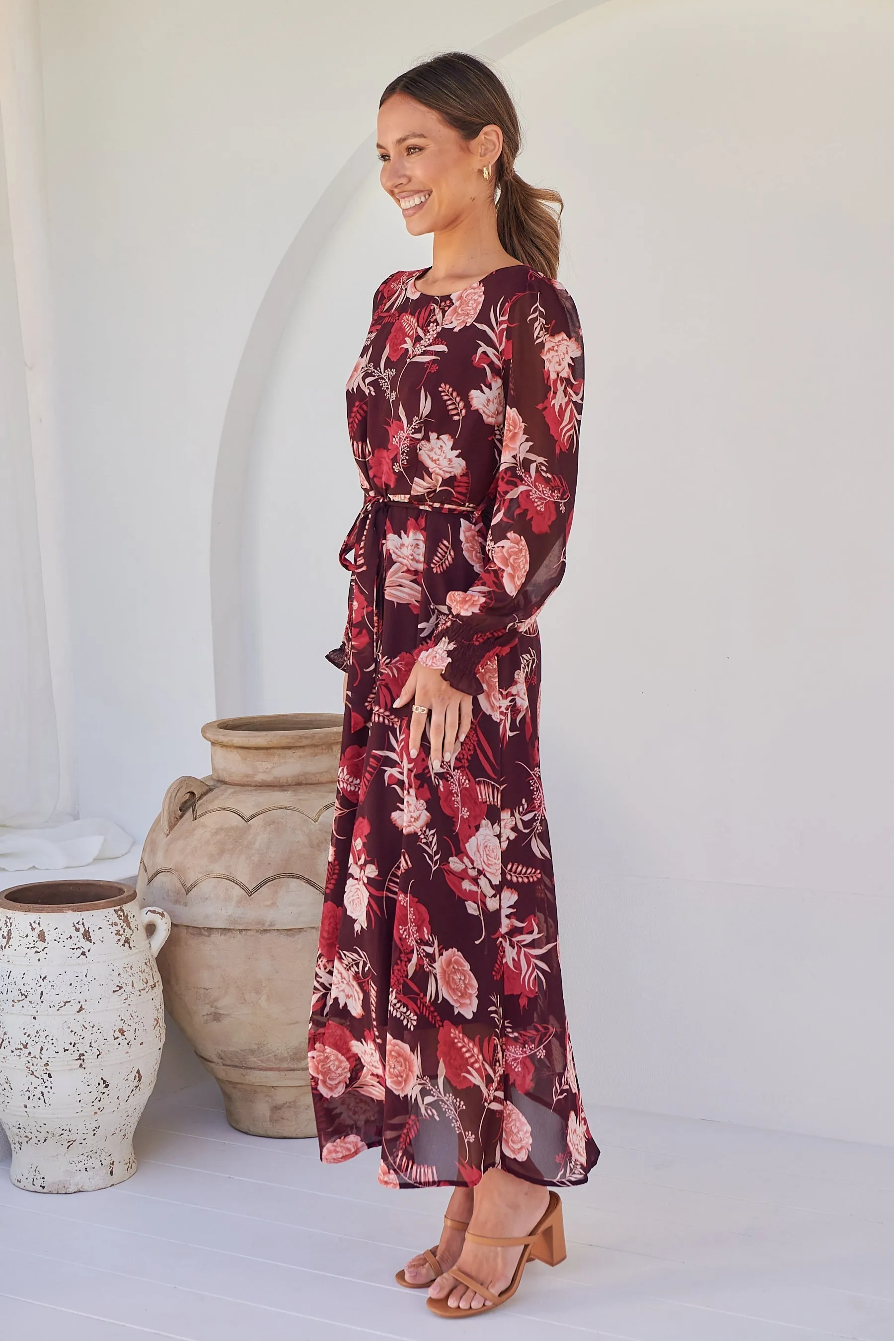 Evora Burgundy Floral Chiffon Evening Dress