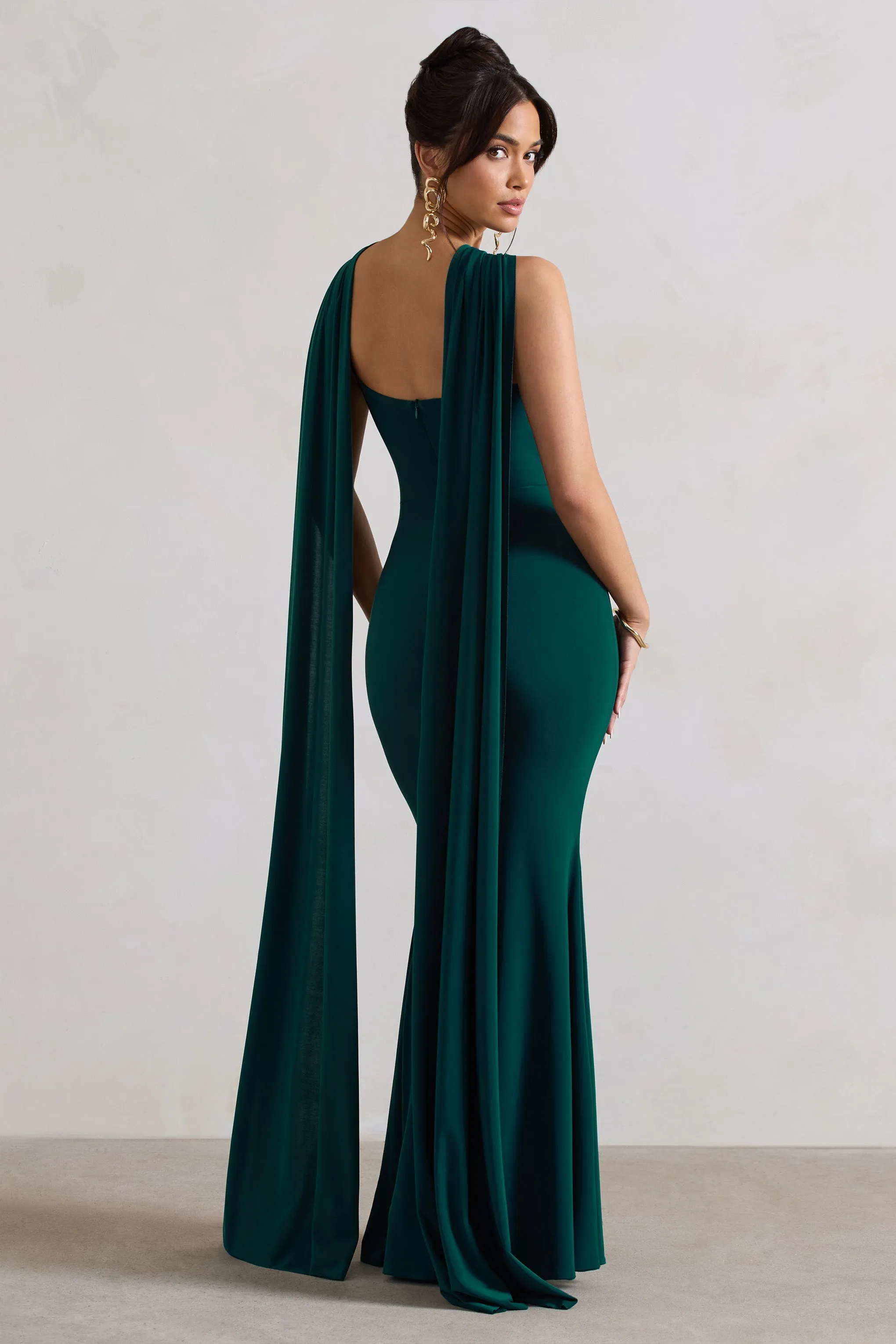 First Glance | Bottle Green Twist-Neck Cape Maxi Dress