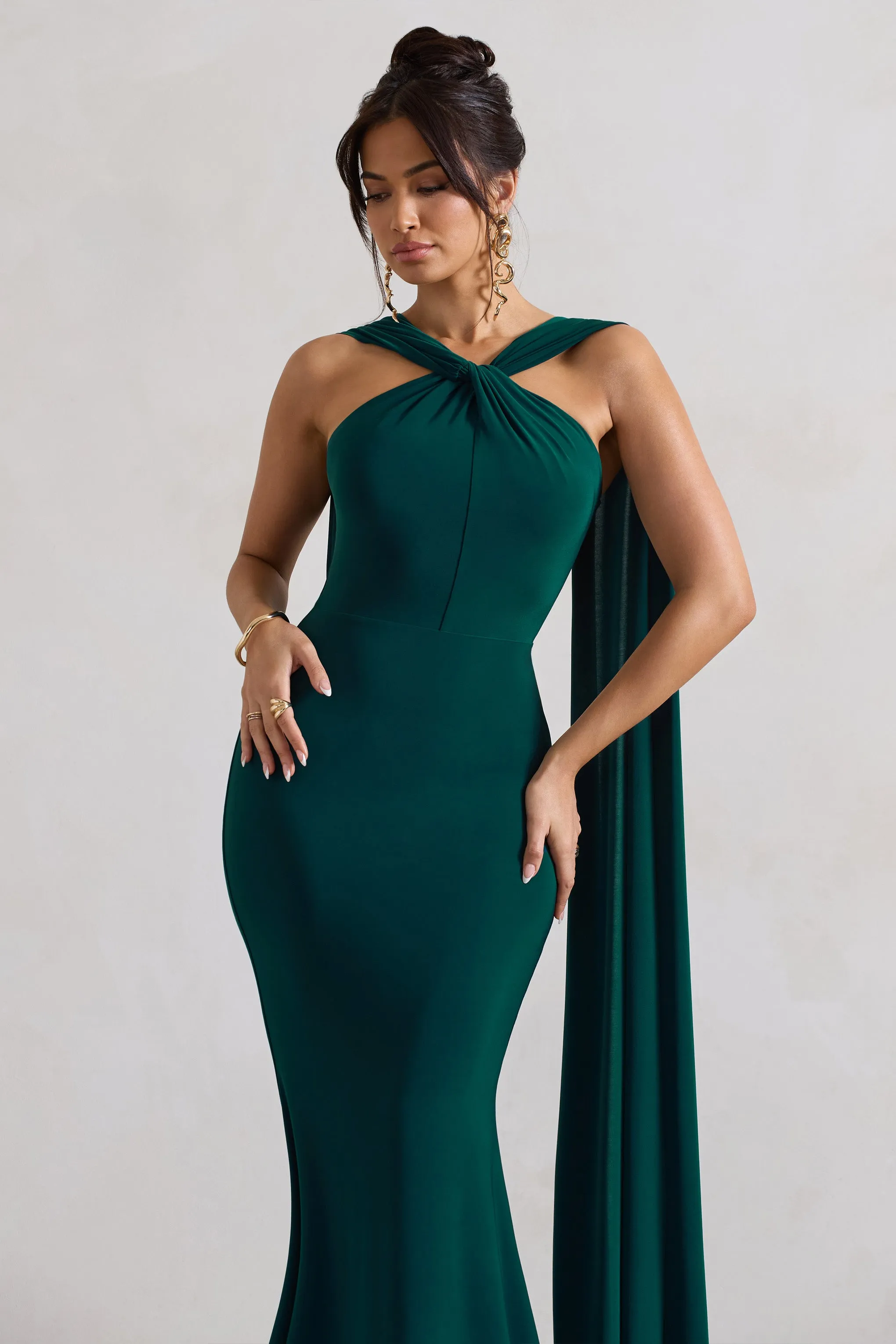 First Glance | Bottle Green Twist-Neck Cape Maxi Dress