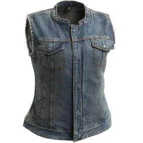 First Mfg Womens Lexy Washed Denim Motorcycle Vest Size XLARGE - Final Sale Ships Same Day