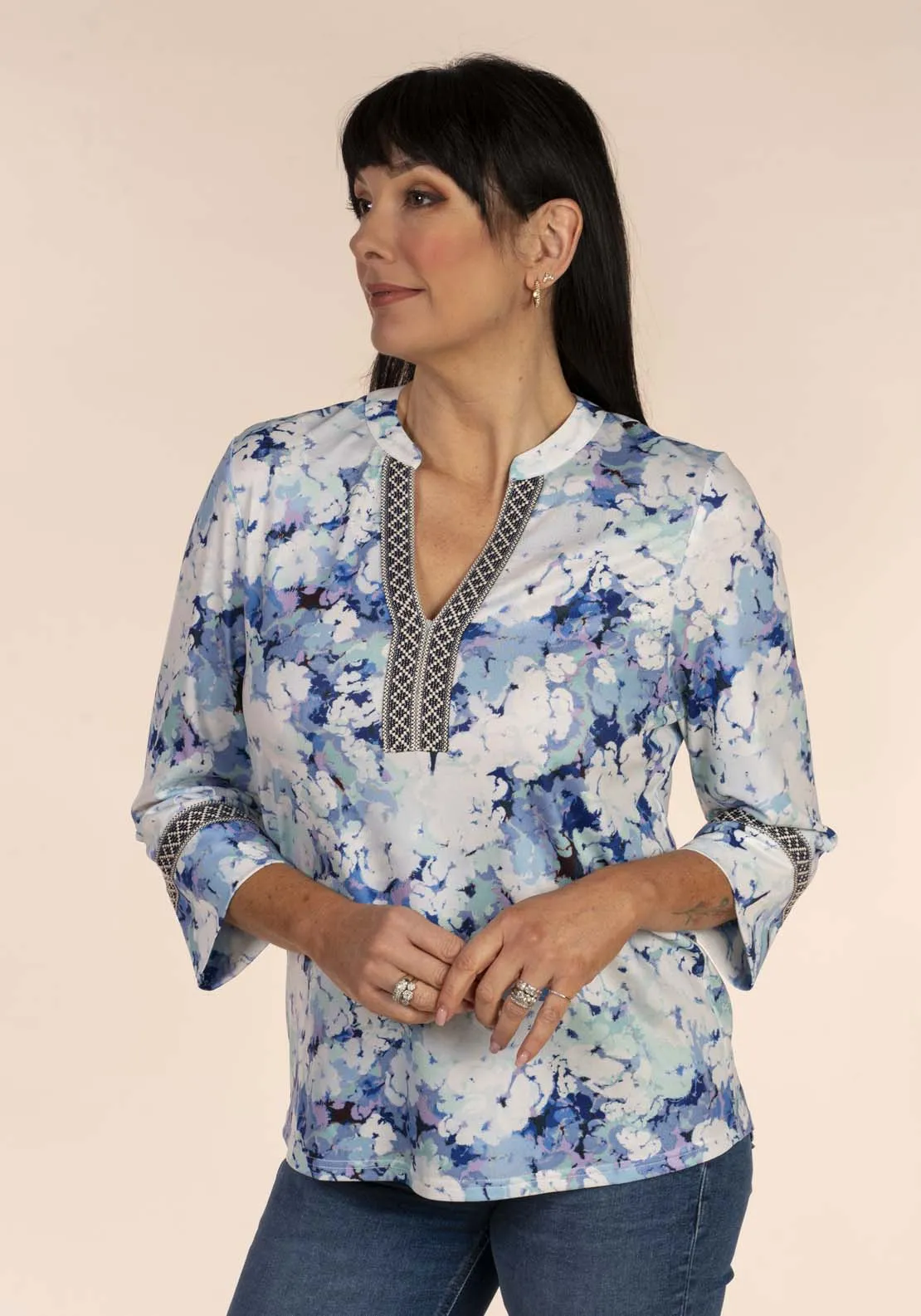 Floral Notch Neck Top - Blue