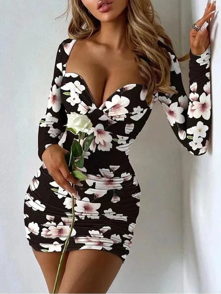 Floral Tie Dye Deep V Bodycon Sheath Dress with Long Sleeves for Women