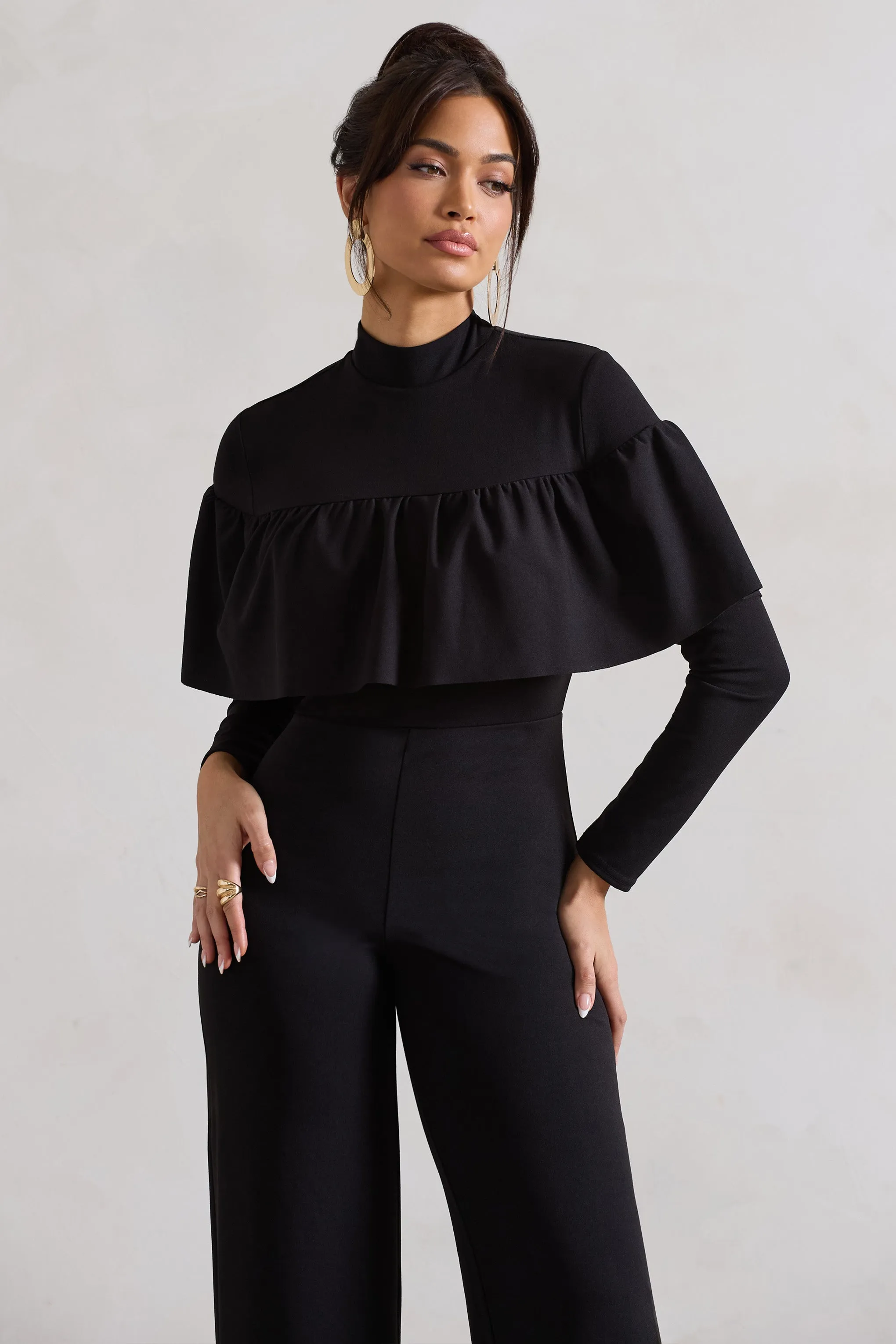 For The Frill | Black High-Neck Straight-Leg Jumpsuit With Frills