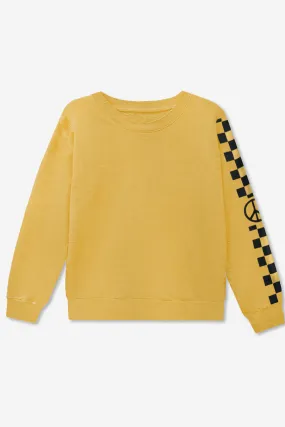 French Terry Heavyweight Long Sleeve Crew Sweatshirt - Mustard Checker Peace Sign