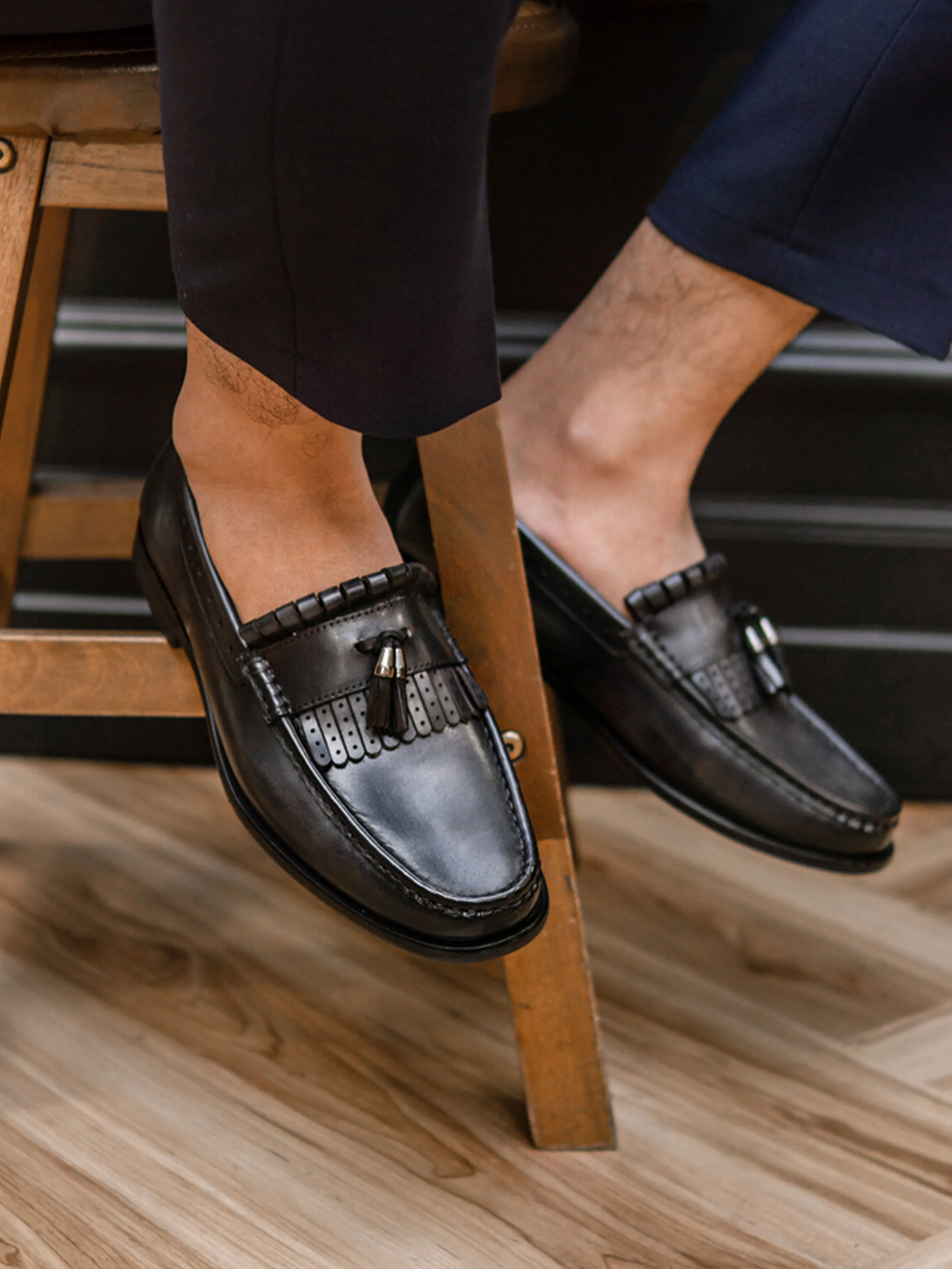 Fringe Classic Loafer - Black Grey with Tassel (Hand Painted Patina)