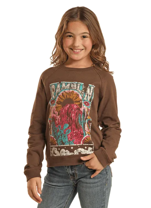 Girl's ROCK & ROLL COWGIRL RAMBLIN' JAVA GRAPHIC PULLOVER