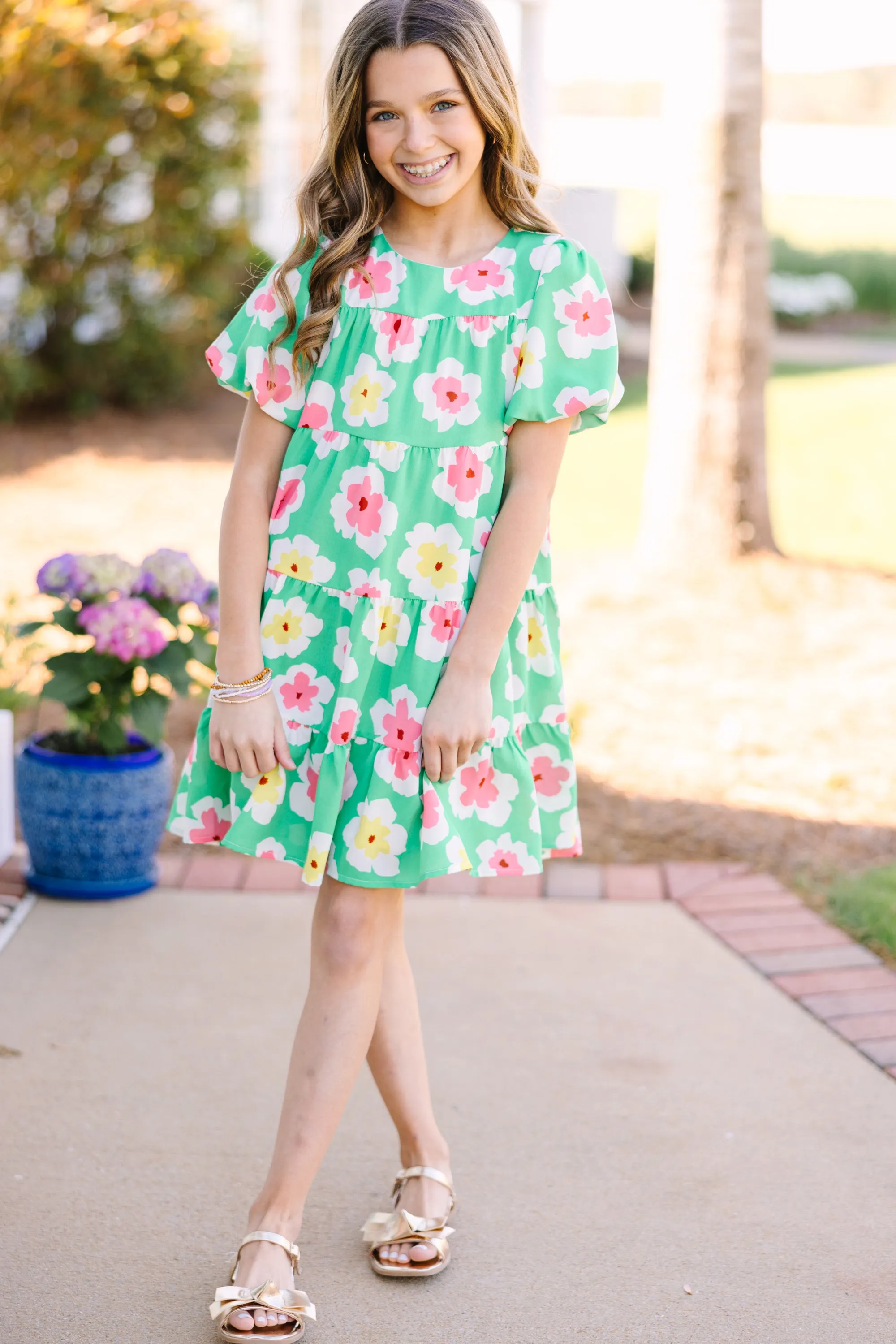 Girls: Start The Day Green Floral Dress