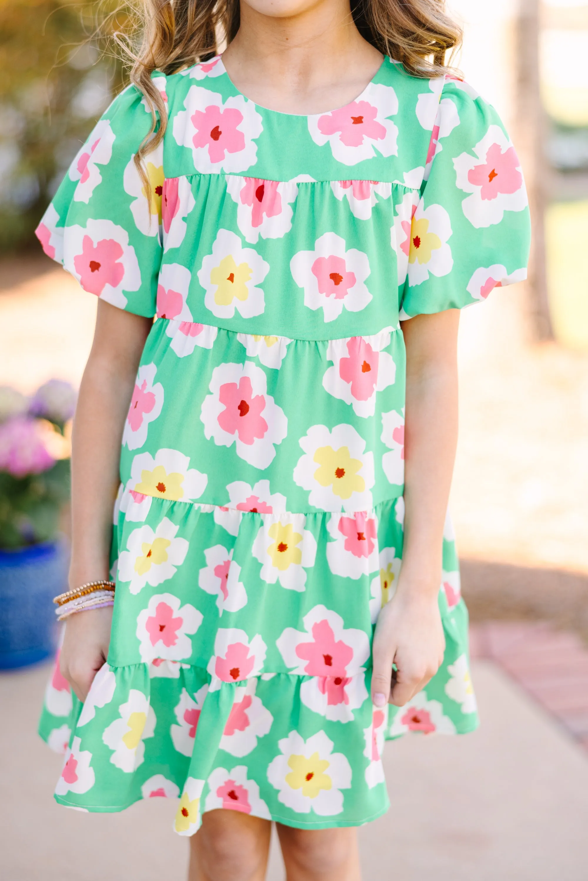 Girls: Start The Day Green Floral Dress