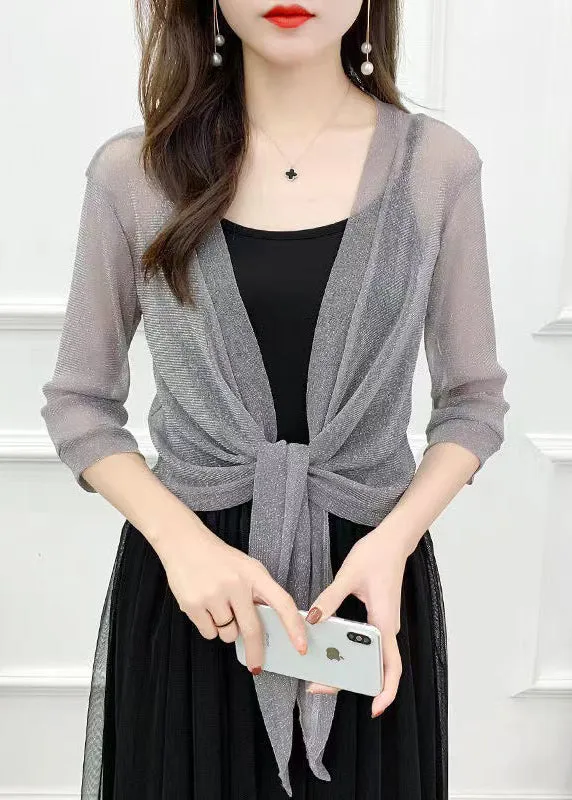 Grey Lace Up Tulle Cardigan V Neck Half Sleeve AS1058