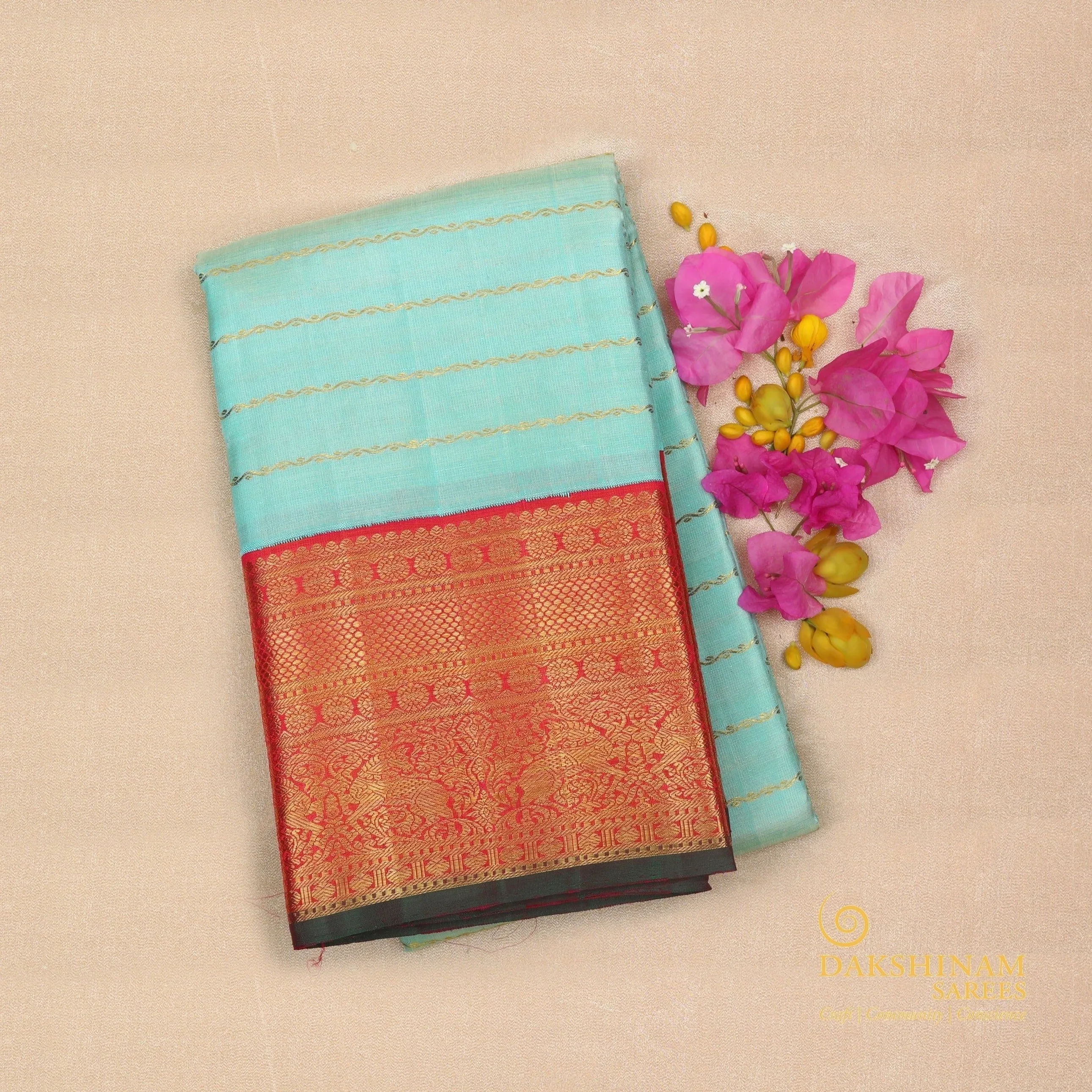 Handwoven Blue with Red Kanjivaram Silk Saree - 1464T005147DSC