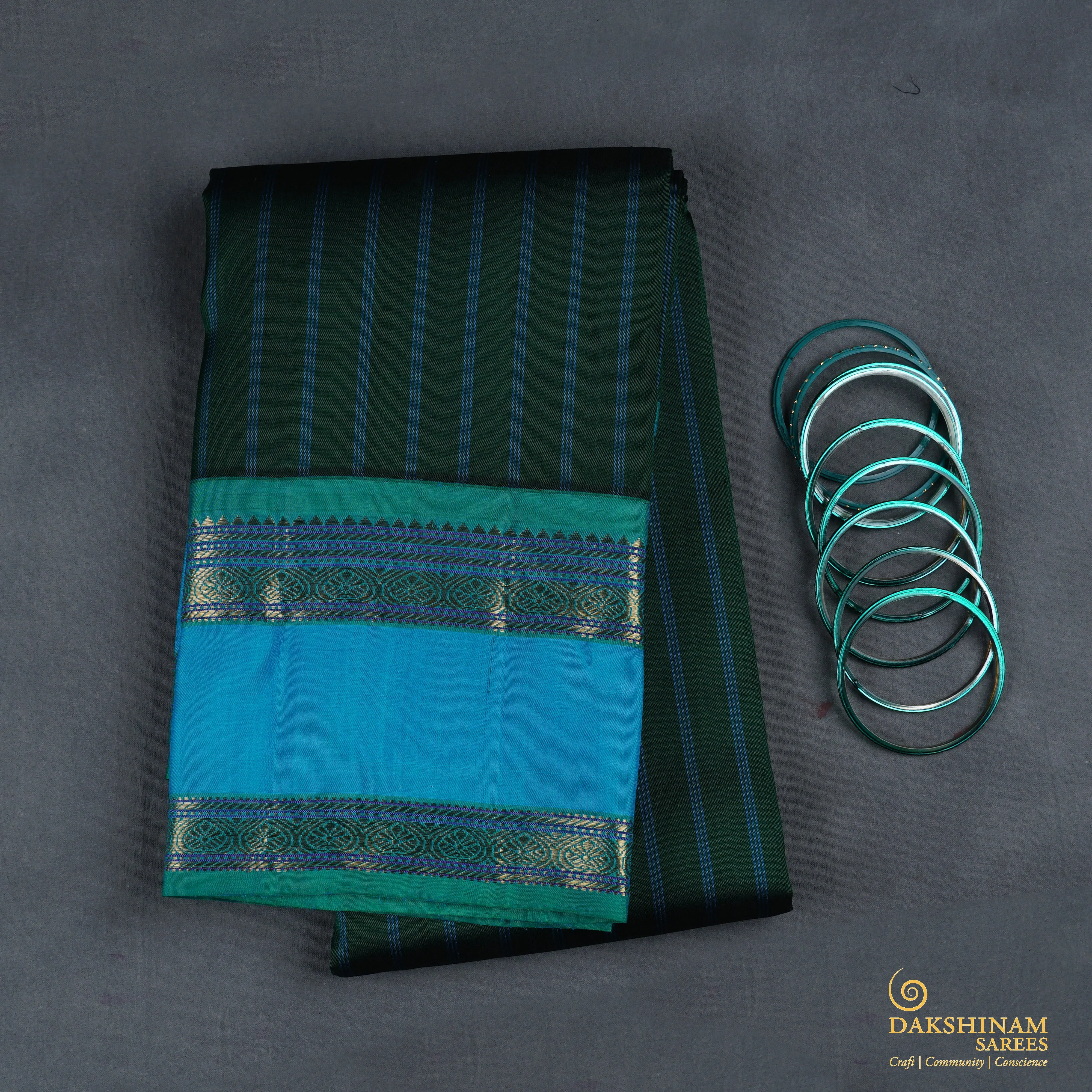 Handwoven Green with Blue Kanjivaram Silk Saree - 1911T007500DSC