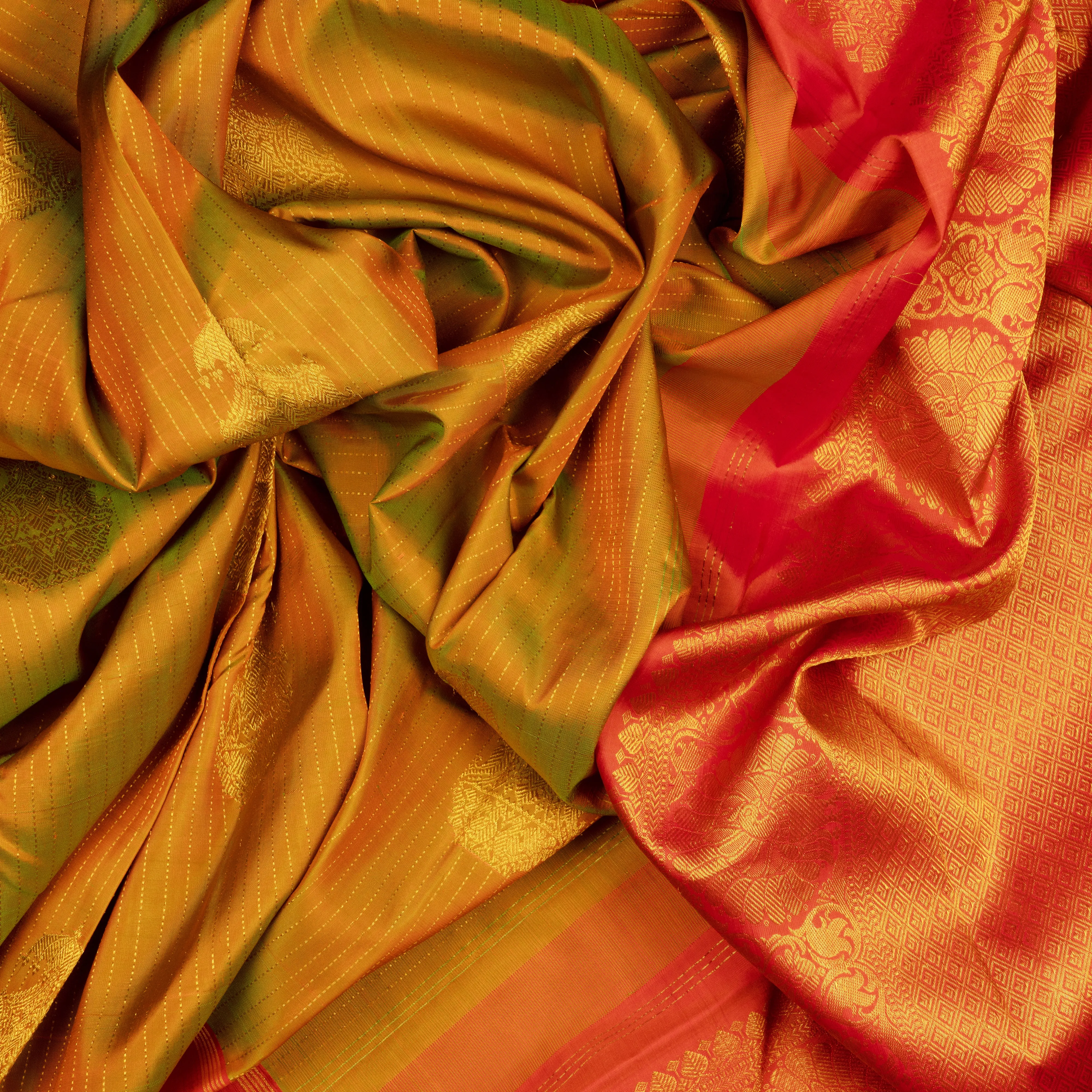 Handwoven Mustard with Orange Kanjivaram Silk Saree - 2013T009622DSC