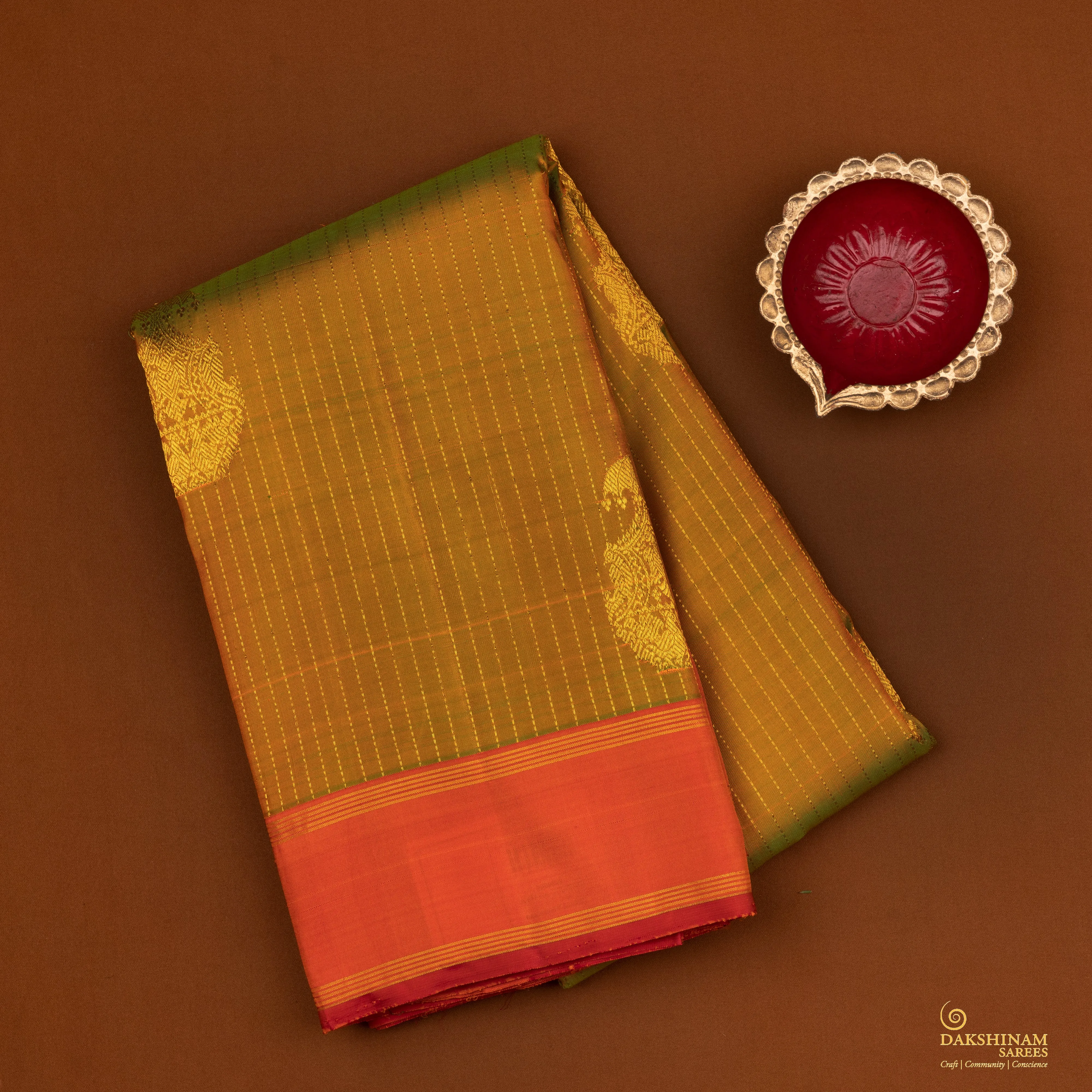 Handwoven Mustard with Orange Kanjivaram Silk Saree - 2013T009622DSC