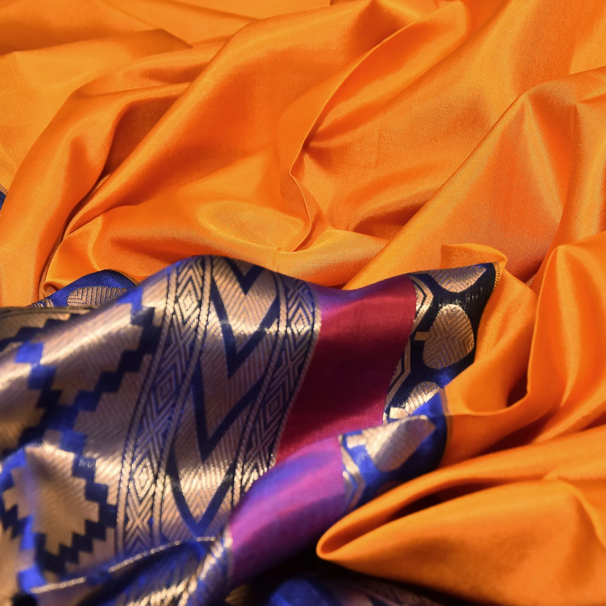 Handwoven Orange with Blue Soft Silk Saree - 292N013603DSS