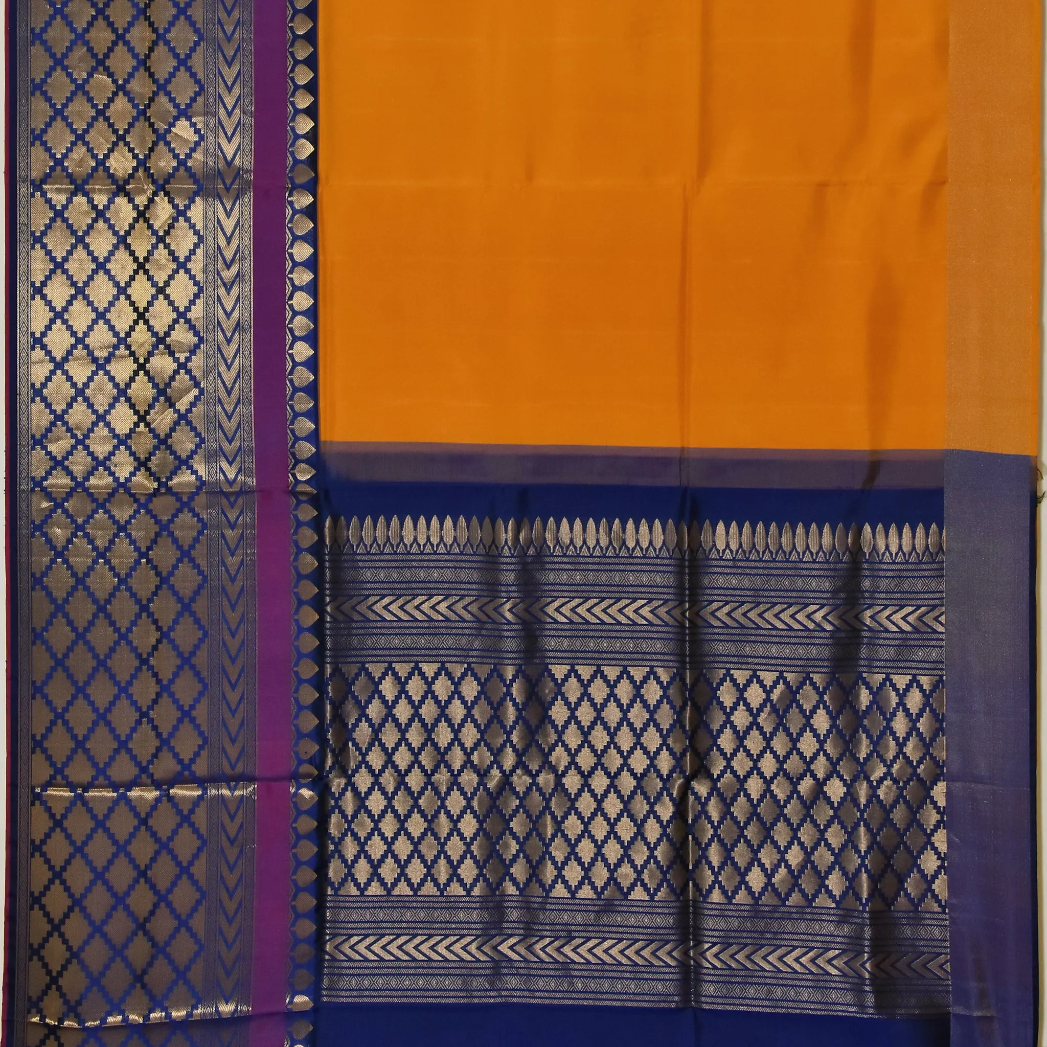 Handwoven Orange with Blue Soft Silk Saree - 292N013603DSS