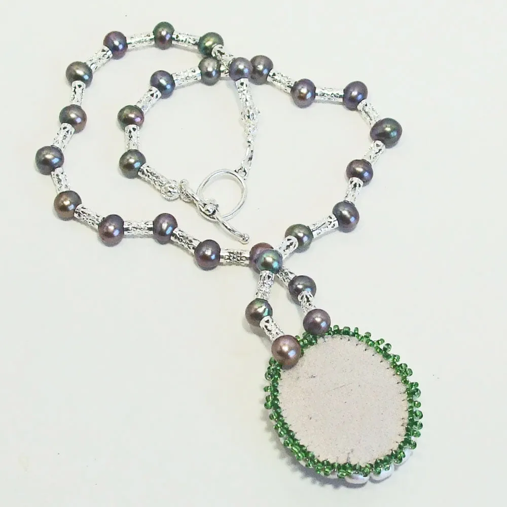 Hava, Cultured Pearl Cameo Bezel Pendant, Pearl Beaded Necklace