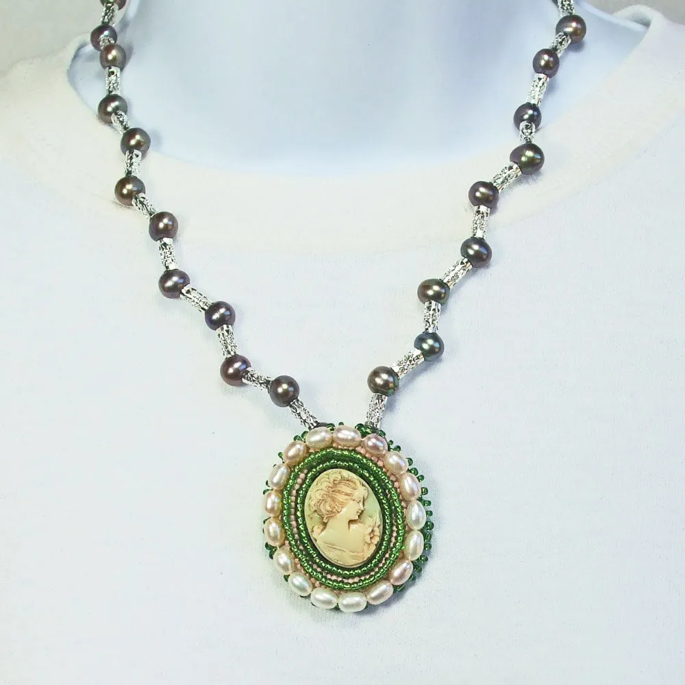 Hava, Cultured Pearl Cameo Bezel Pendant, Pearl Beaded Necklace