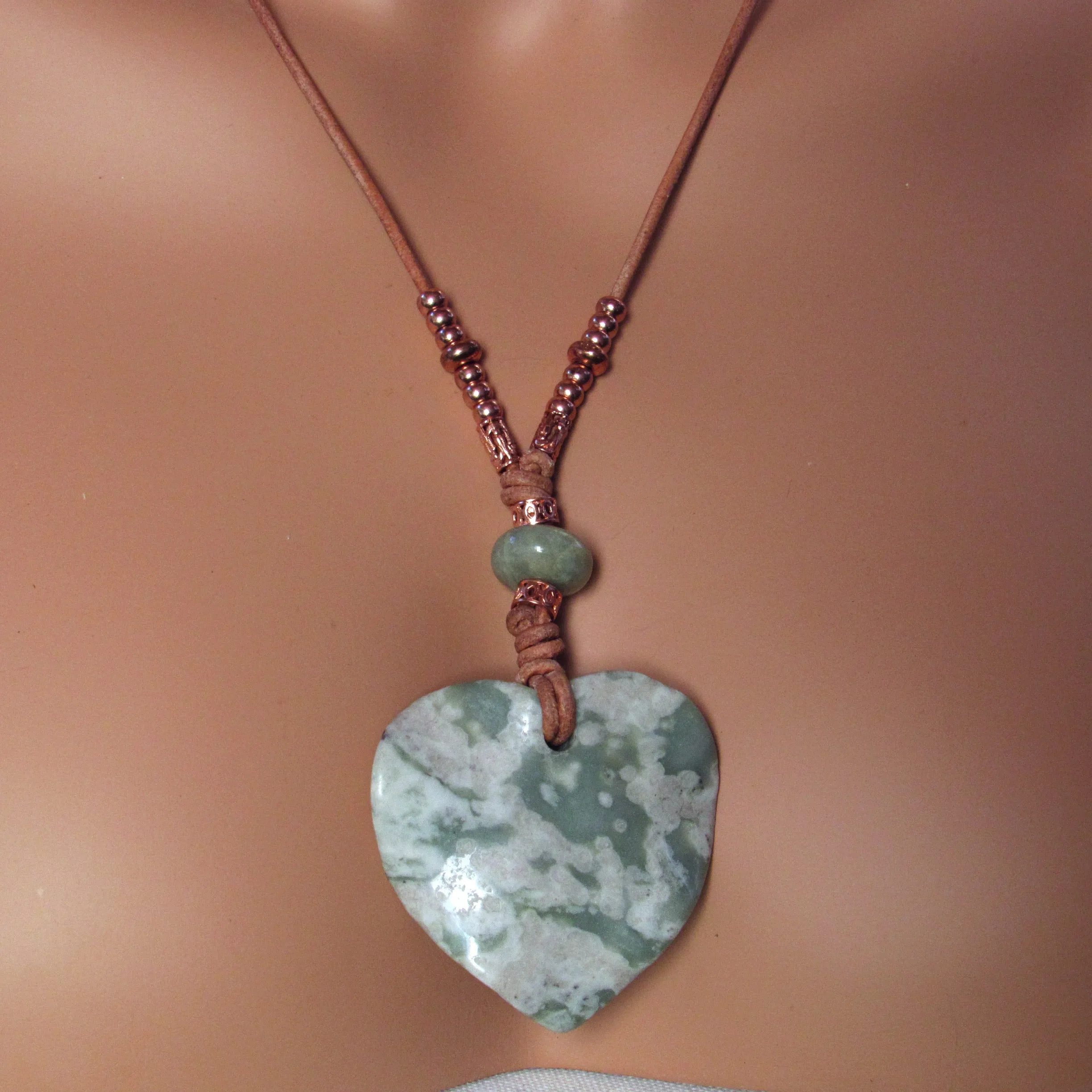 Heart Jade Peace Stone, Amazonite, Copper, Leather Necklace